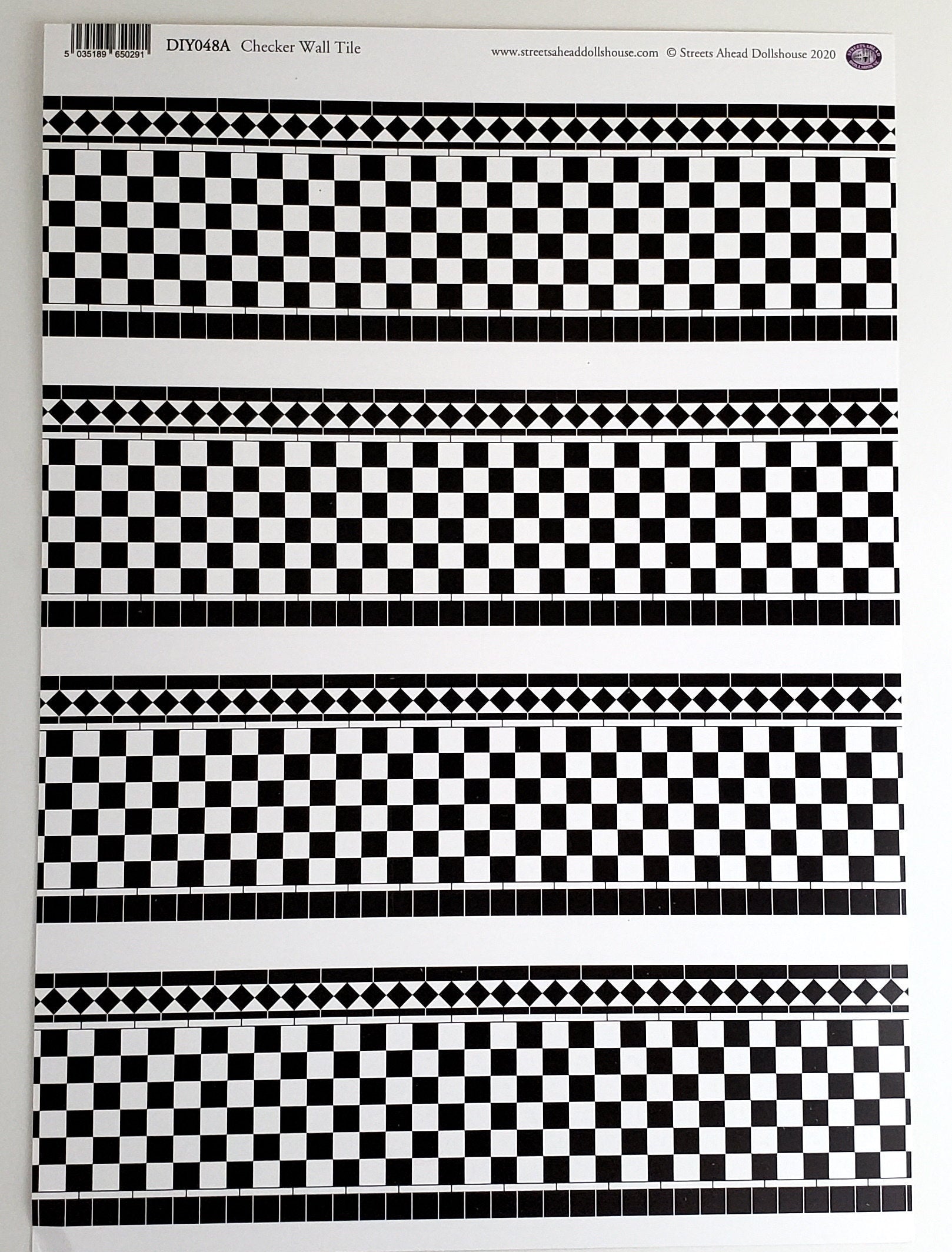 Dollhouse Wall Tiles Paper Black & White Checked Kitchen Bathrooms 1:12 Scale Miniatures