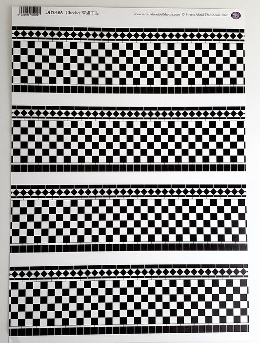 Dollhouse Wall Tiles Paper Black & White Checked Kitchen Bathrooms 1:12 Scale Miniatures
