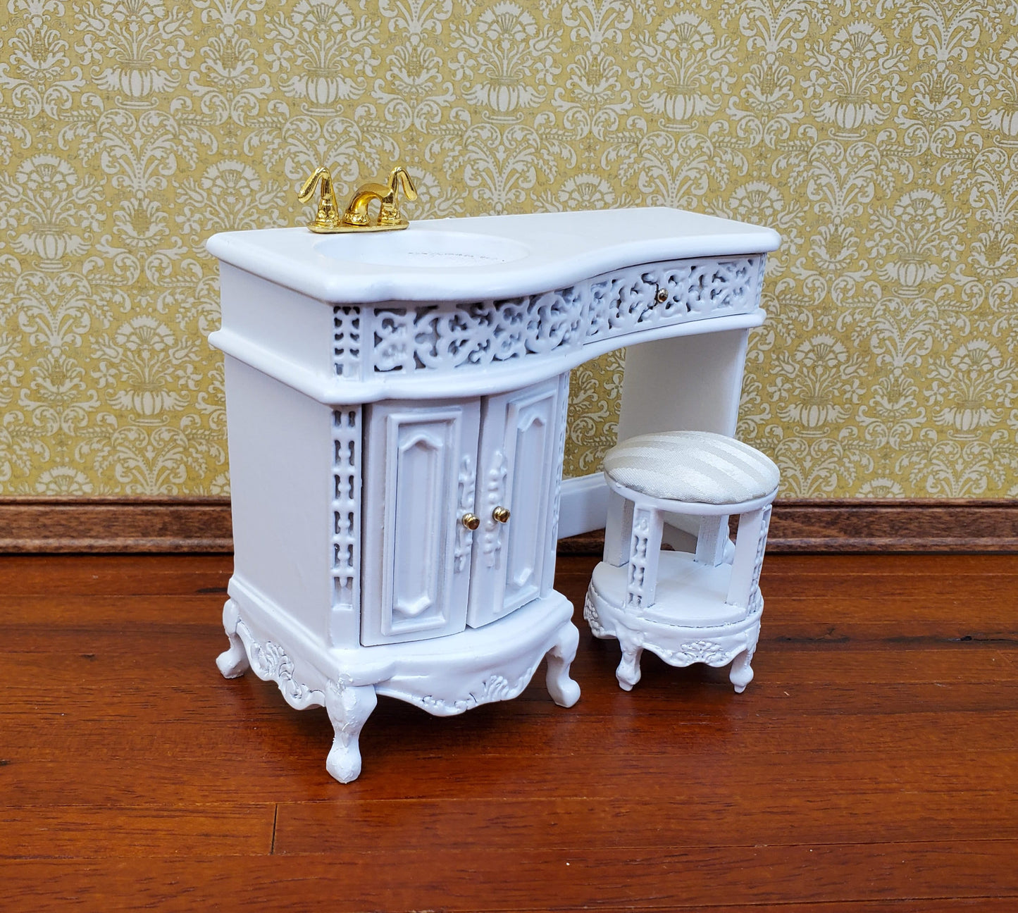 Dollhouse Bathroom Vanity Sink with Stool White Wood 1:12 Scale Miniature Furniture