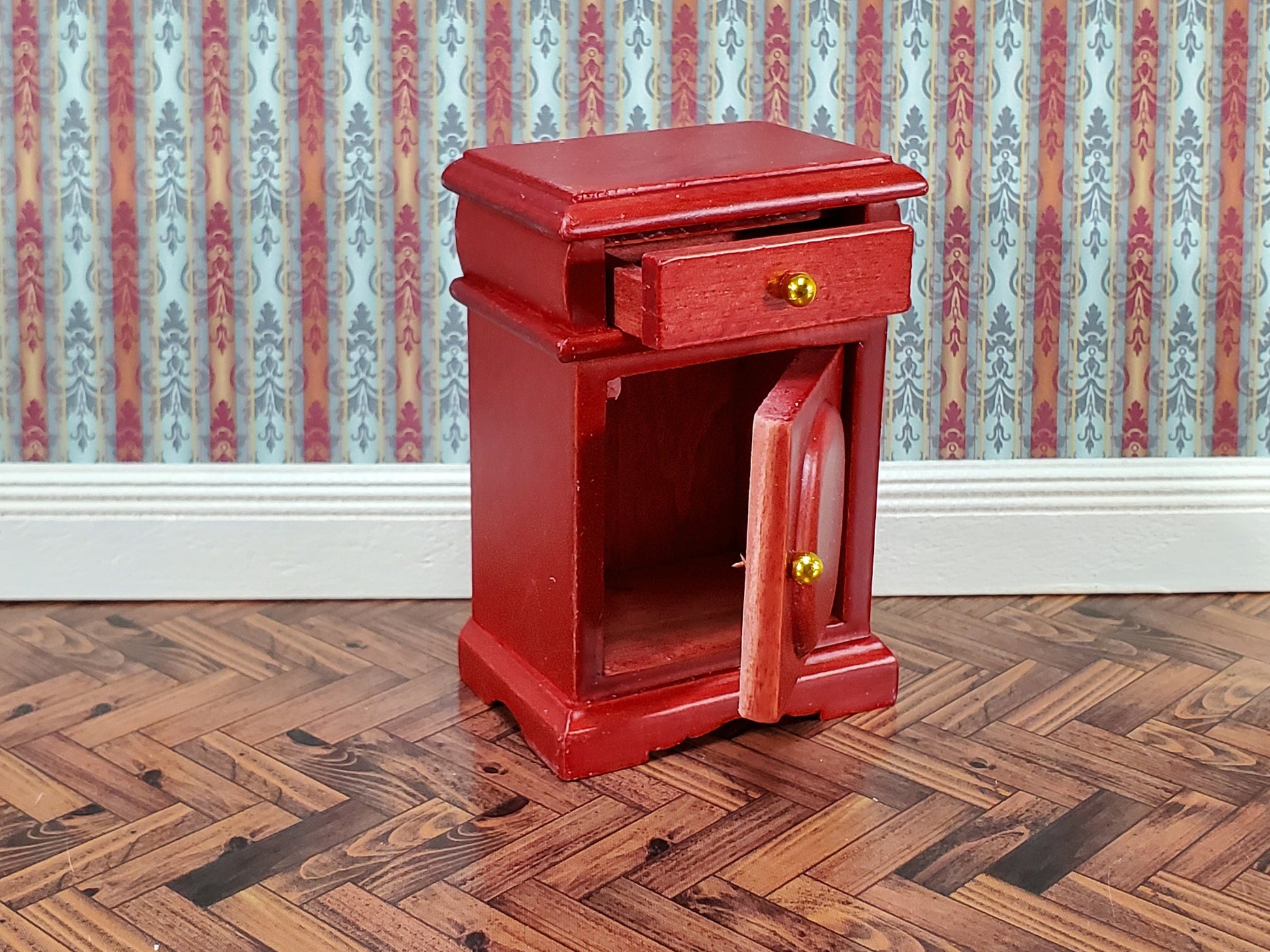 Dollhouse Nightstand Side Table Mahogany Opening Door & Drawer 1:12 Scale Miniature Furniture