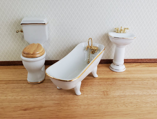 Dollhouse Bathroom Set Reutter Porcelain Tub Toilet Sink White & Gold 1:12 Scale Miniatures