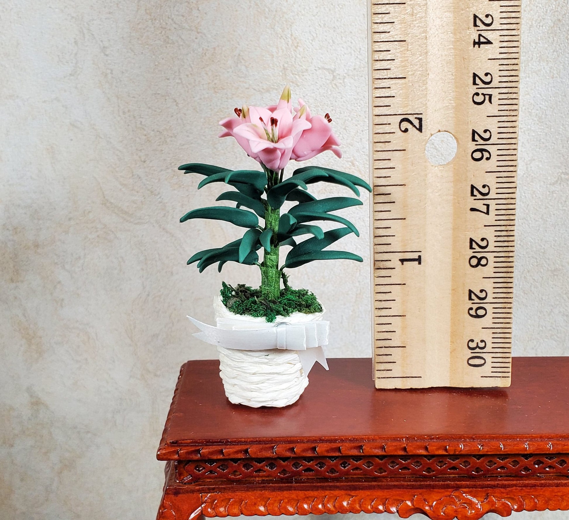 Dollhouse Pink Easter Lilies in White Basket with Bow 1:12 Scale Miniature