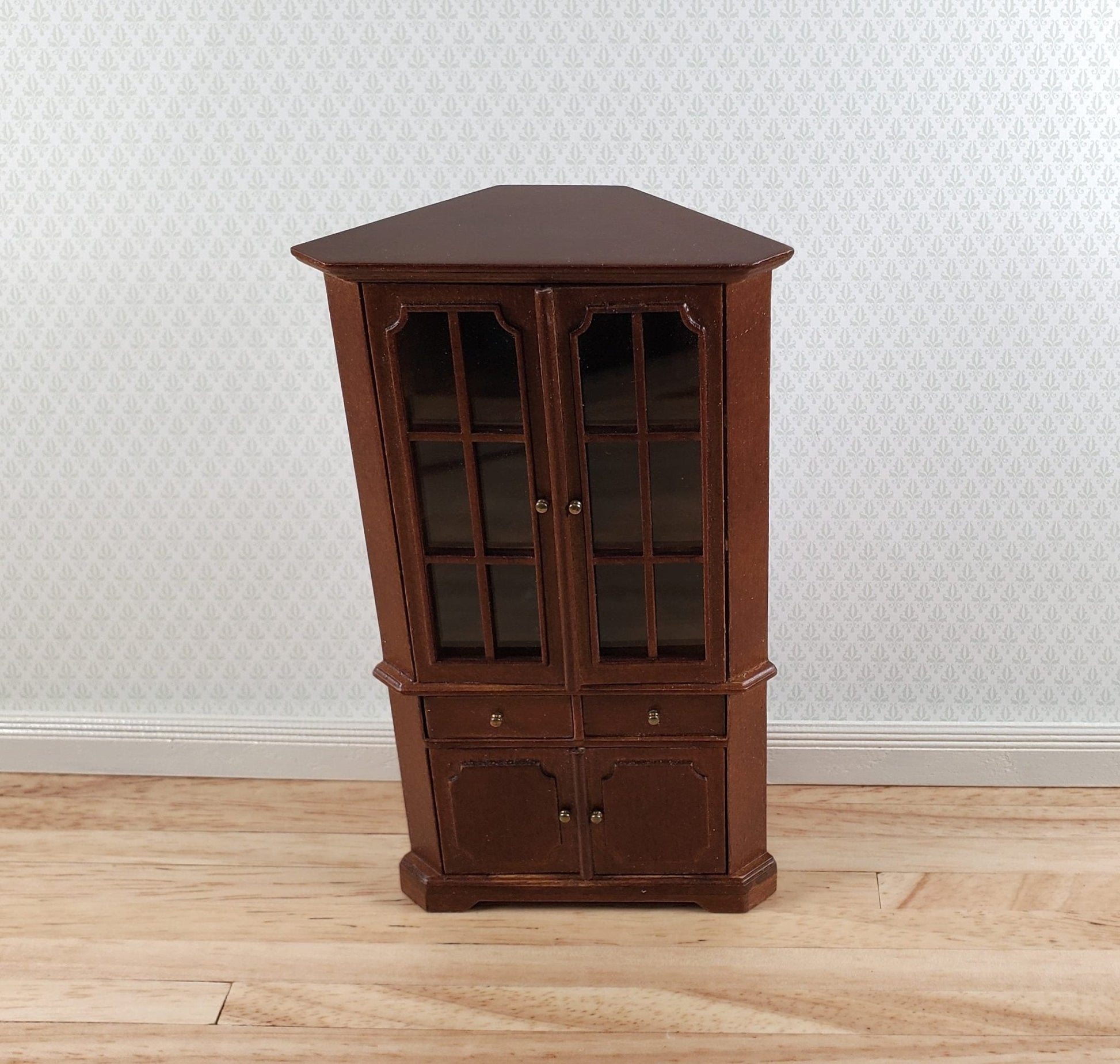 JBM Dollhouse Corner Cabinet Hutch 1:12 Scale Miniature Furniture Walnut Finish - Miniature Crush