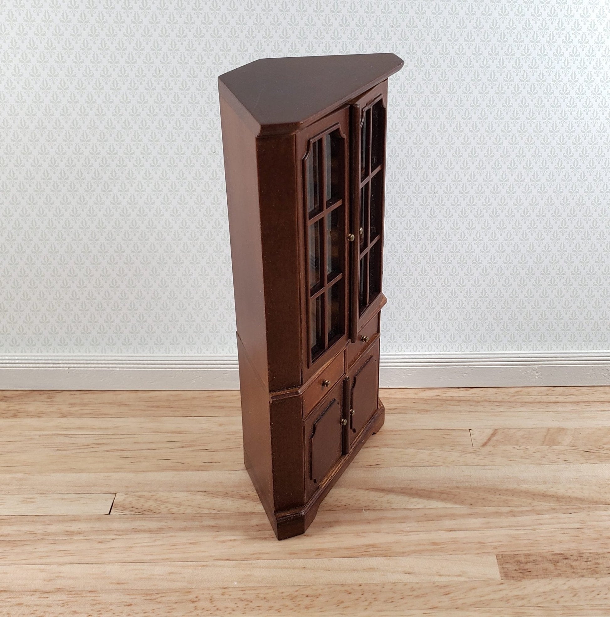 JBM Dollhouse Corner Cabinet Hutch 1:12 Scale Miniature Furniture Walnut Finish - Miniature Crush