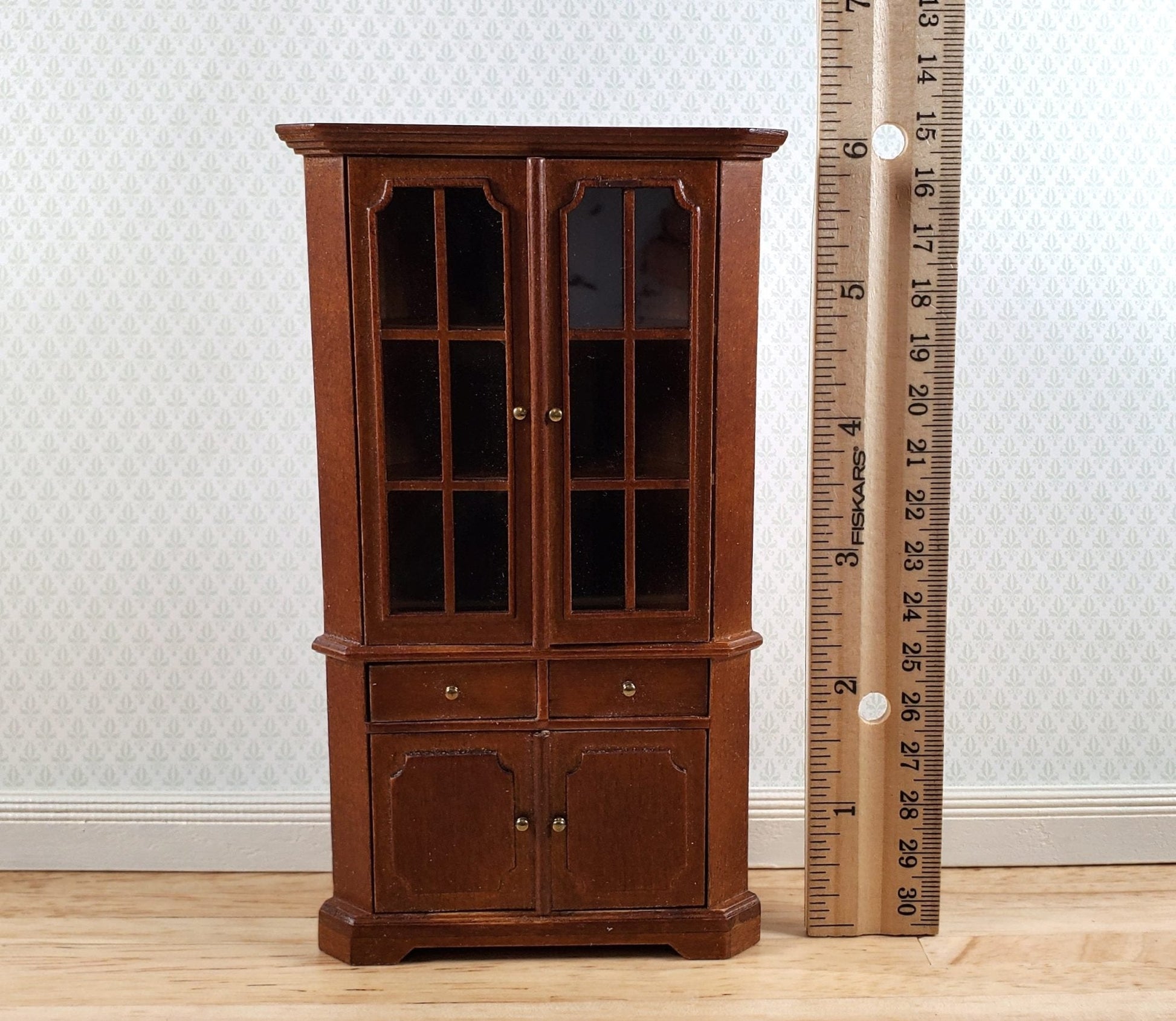 JBM Dollhouse Corner Cabinet Hutch 1:12 Scale Miniature Furniture Walnut Finish - Miniature Crush