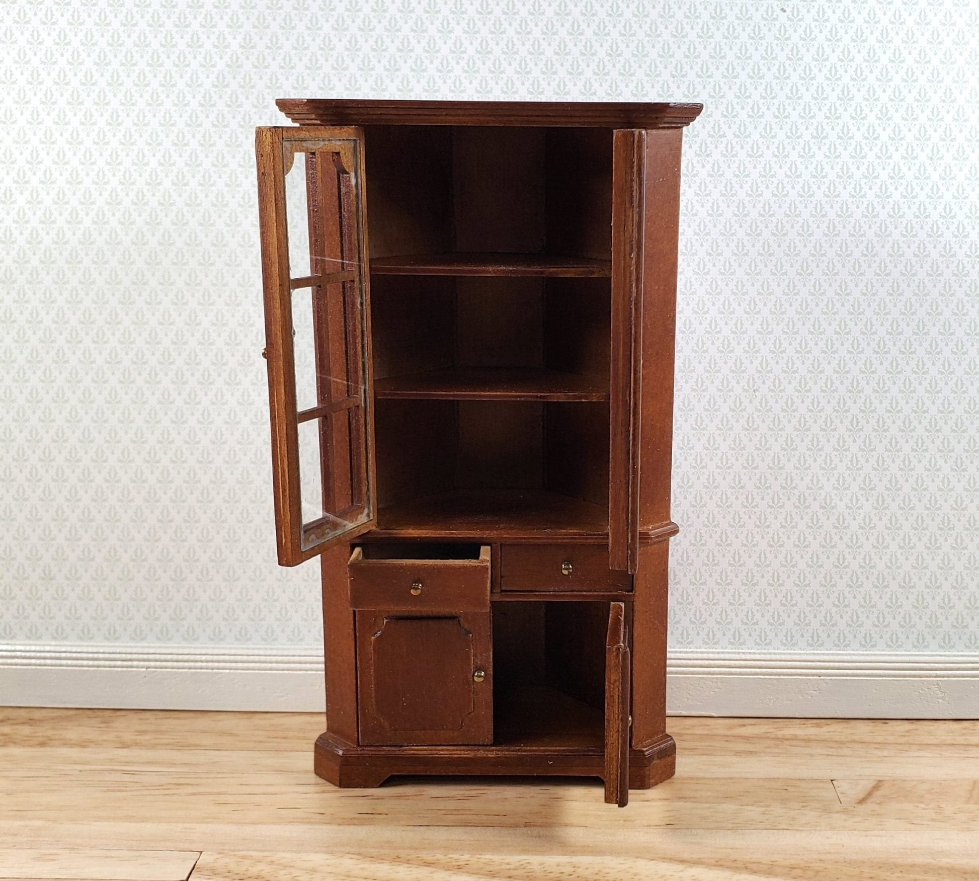 JBM Dollhouse Corner Cabinet Hutch 1:12 Scale Miniature Furniture Walnut Finish - Miniature Crush