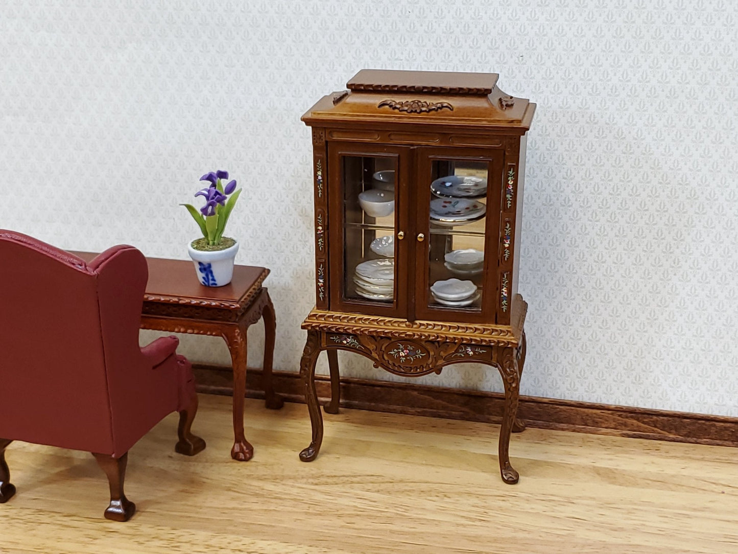 JBM Dollhouse Display Cabinet Hand Painted Details 1:12 Scale Furniture Walnut Finish - Miniature Crush
