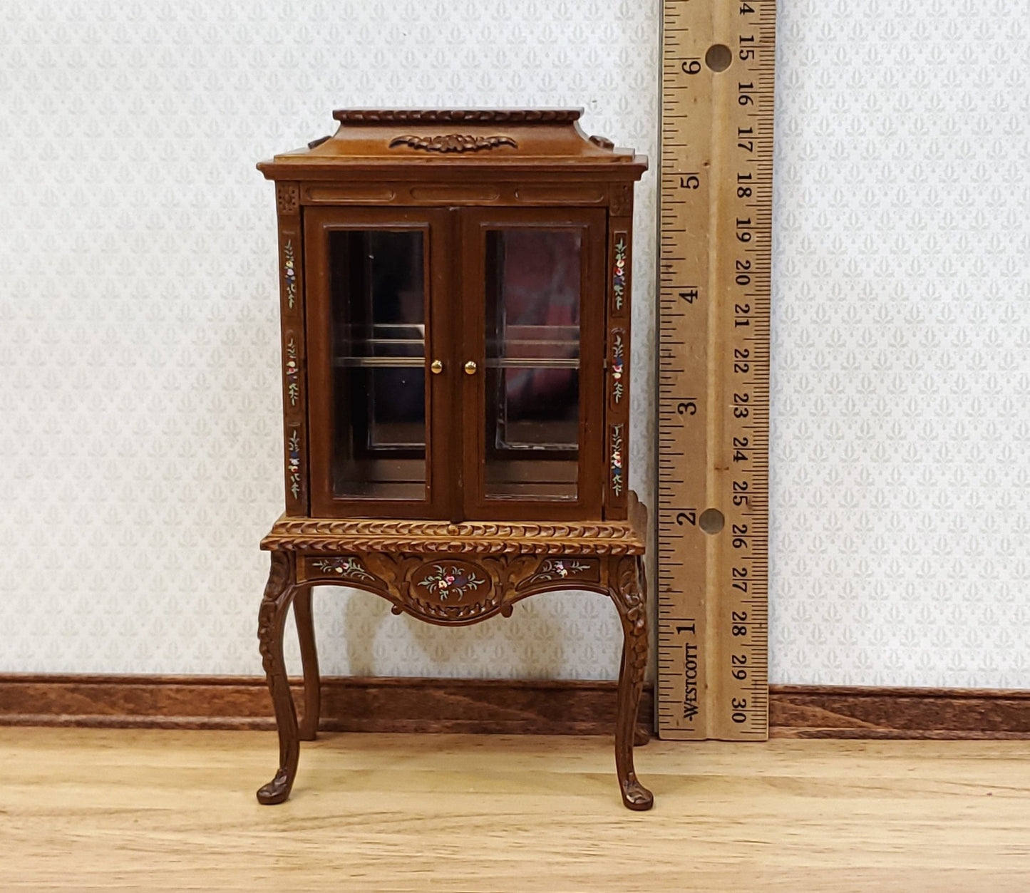 JBM Dollhouse Display Cabinet Hand Painted Details 1:12 Scale Furniture Walnut Finish - Miniature Crush