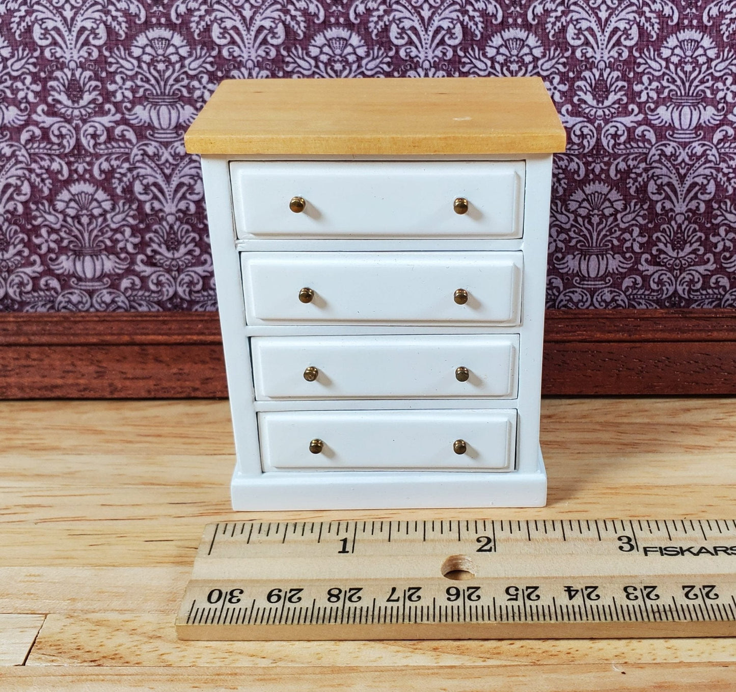 JBM Dollhouse Dresser 4 Drawer White with Oak Top1:12 Scale Miniature Furniture - Miniature Crush