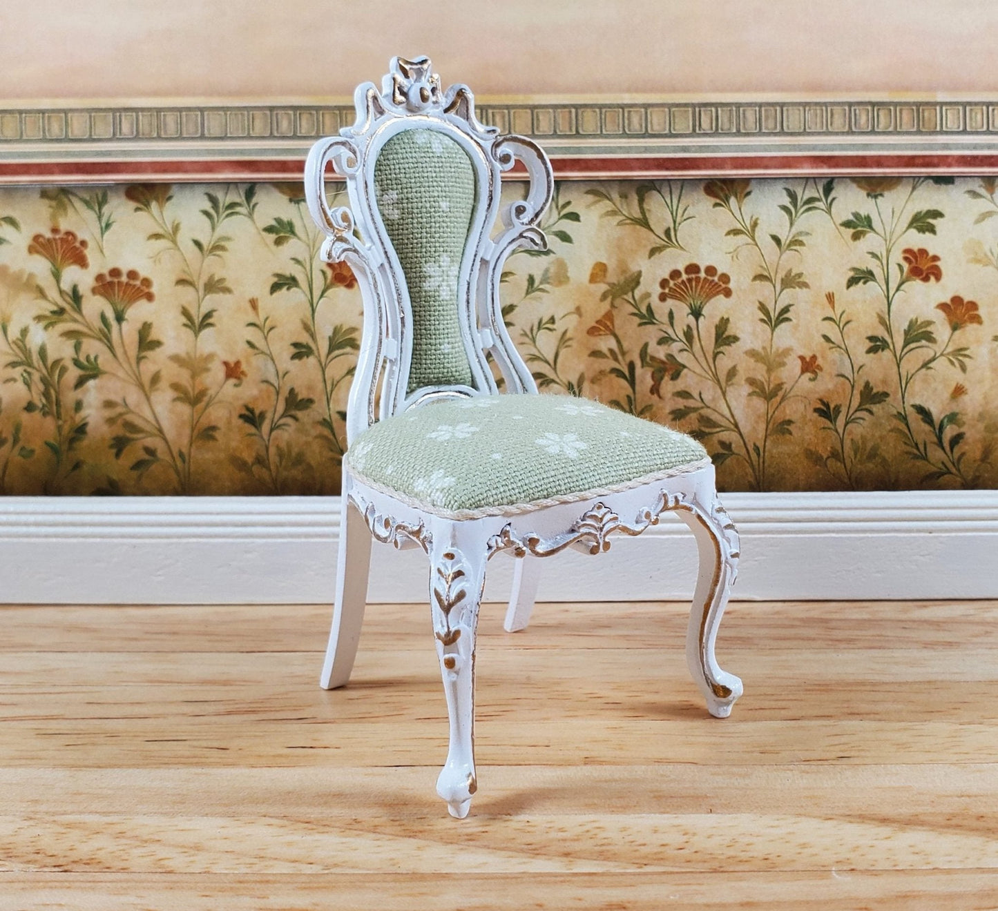 JBM Dollhouse Dressing or Vanity Chair White Gold 1:12 Scale Miniature Furniture - Miniature Crush