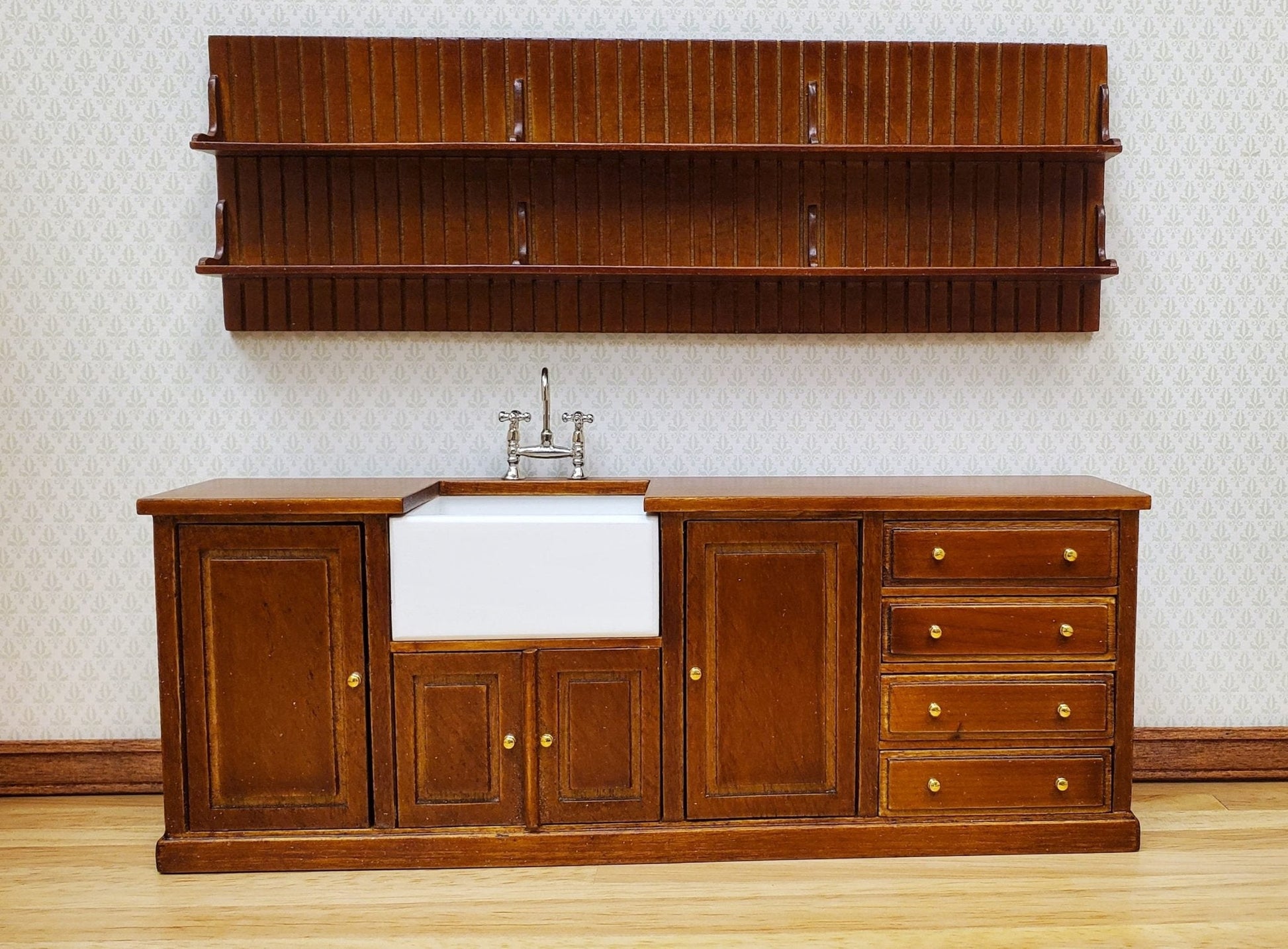JBM Dollhouse Kitchen Sink & Plate Shelf Farmhouse Style Walnut Finish 1:12 Scale - Miniature Crush