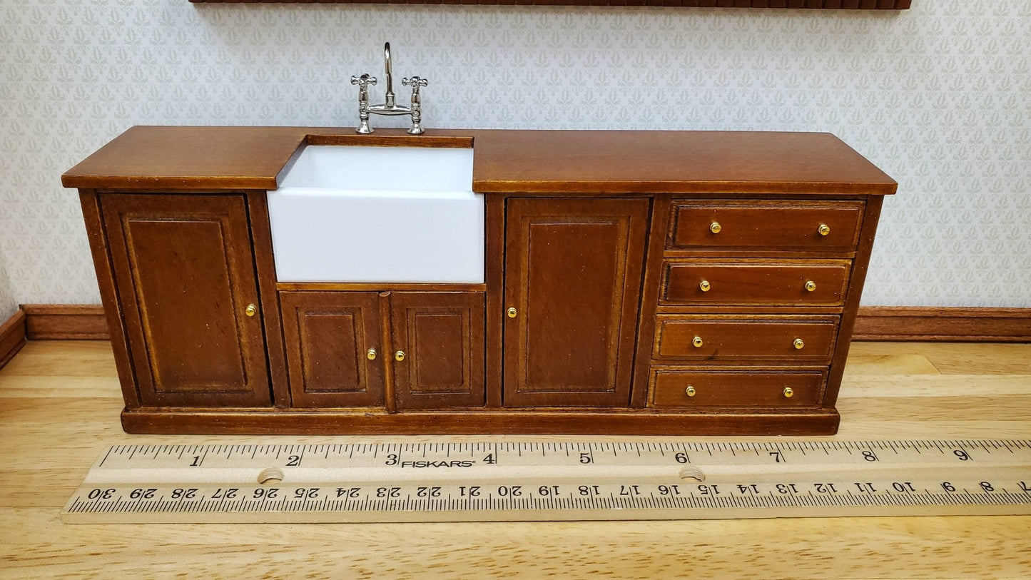 JBM Dollhouse Kitchen Sink & Plate Shelf Farmhouse Style Walnut Finish 1:12 Scale - Miniature Crush