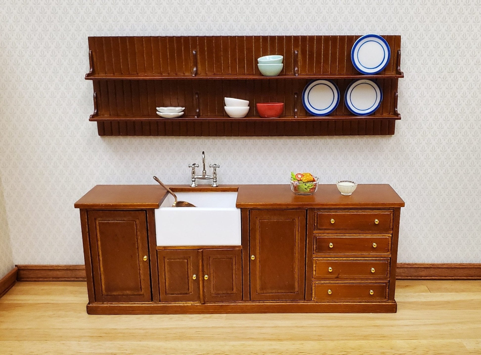 JBM Dollhouse Kitchen Sink & Plate Shelf Farmhouse Style Walnut Finish 1:12 Scale - Miniature Crush