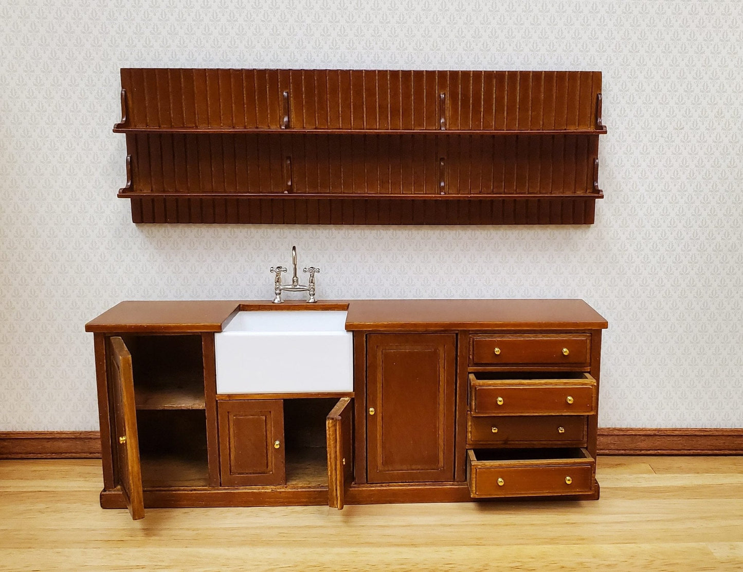 JBM Dollhouse Kitchen Sink & Plate Shelf Farmhouse Style Walnut Finish 1:12 Scale - Miniature Crush
