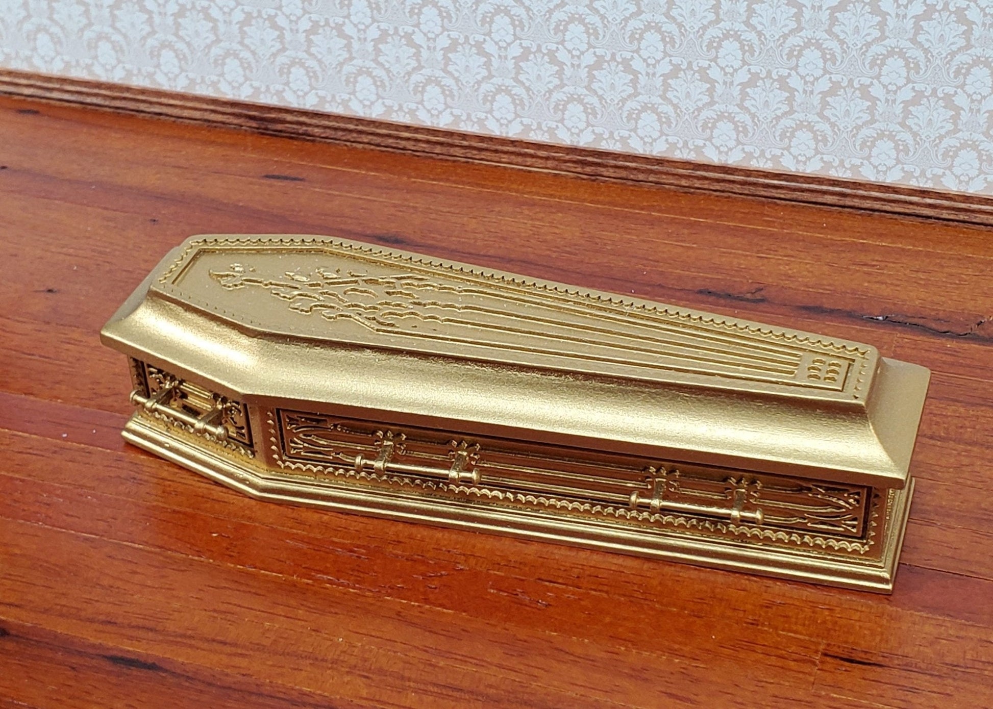 JBM Miniature Coffin Ornate Opens Lined Gold Finished Wood Dollhouse 6" Long - Miniature Crush