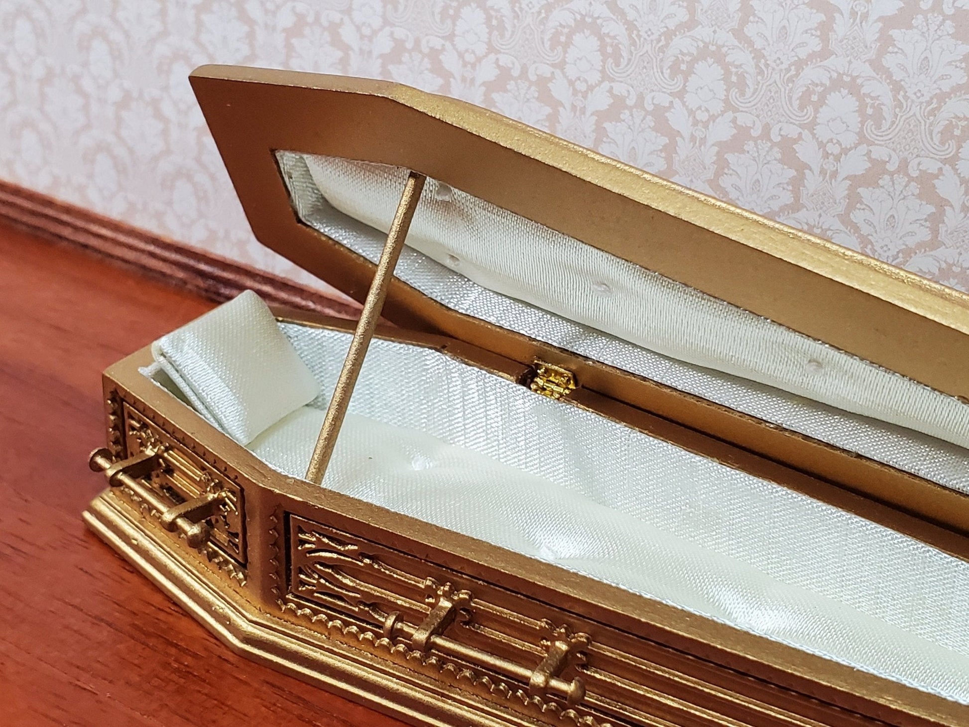 JBM Miniature Coffin Ornate Opens Lined Gold Finished Wood Dollhouse 6" Long - Miniature Crush