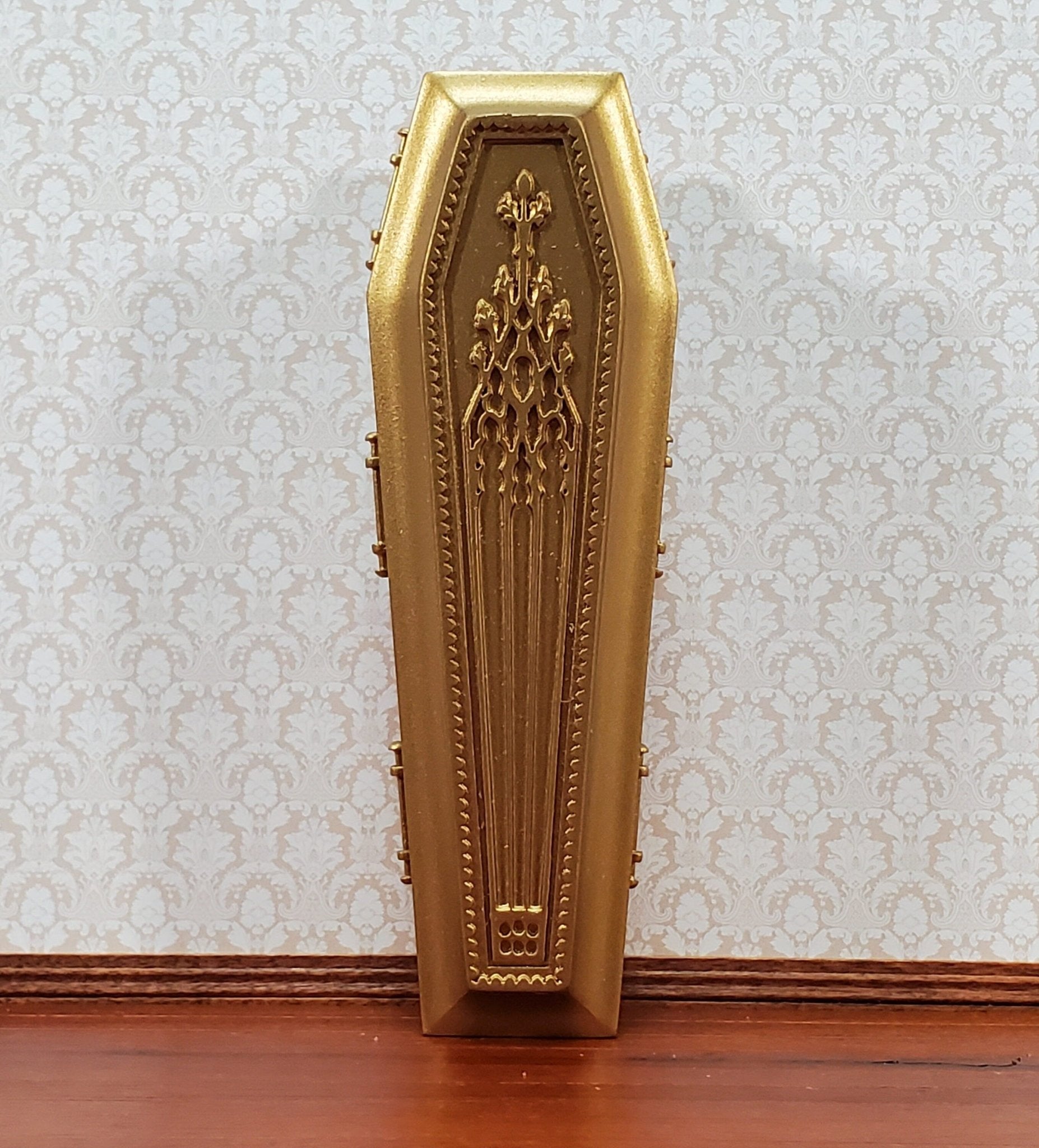 JBM Miniature Coffin Ornate Opens Lined Gold Finished Wood Dollhouse 6" Long - Miniature Crush