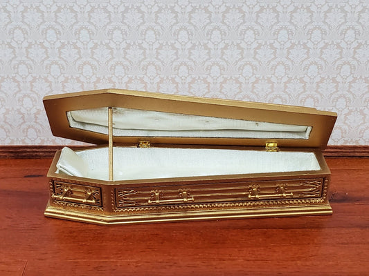 JBM Miniature Coffin Ornate Opens Lined Gold Finished Wood Dollhouse 6" Long - Miniature Crush