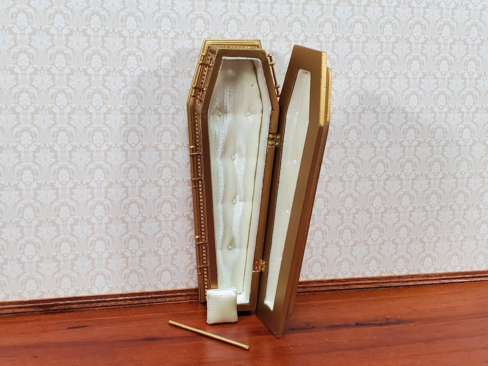 JBM Miniature Coffin Ornate Opens Lined Gold Finished Wood Dollhouse 6" Long - Miniature Crush