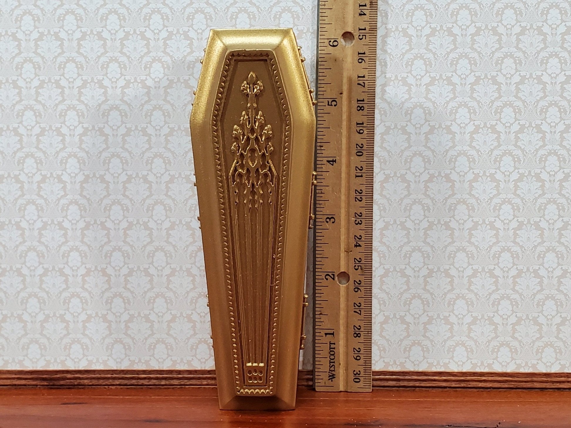 JBM Miniature Coffin Ornate Opens Lined Gold Finished Wood Dollhouse 6" Long - Miniature Crush