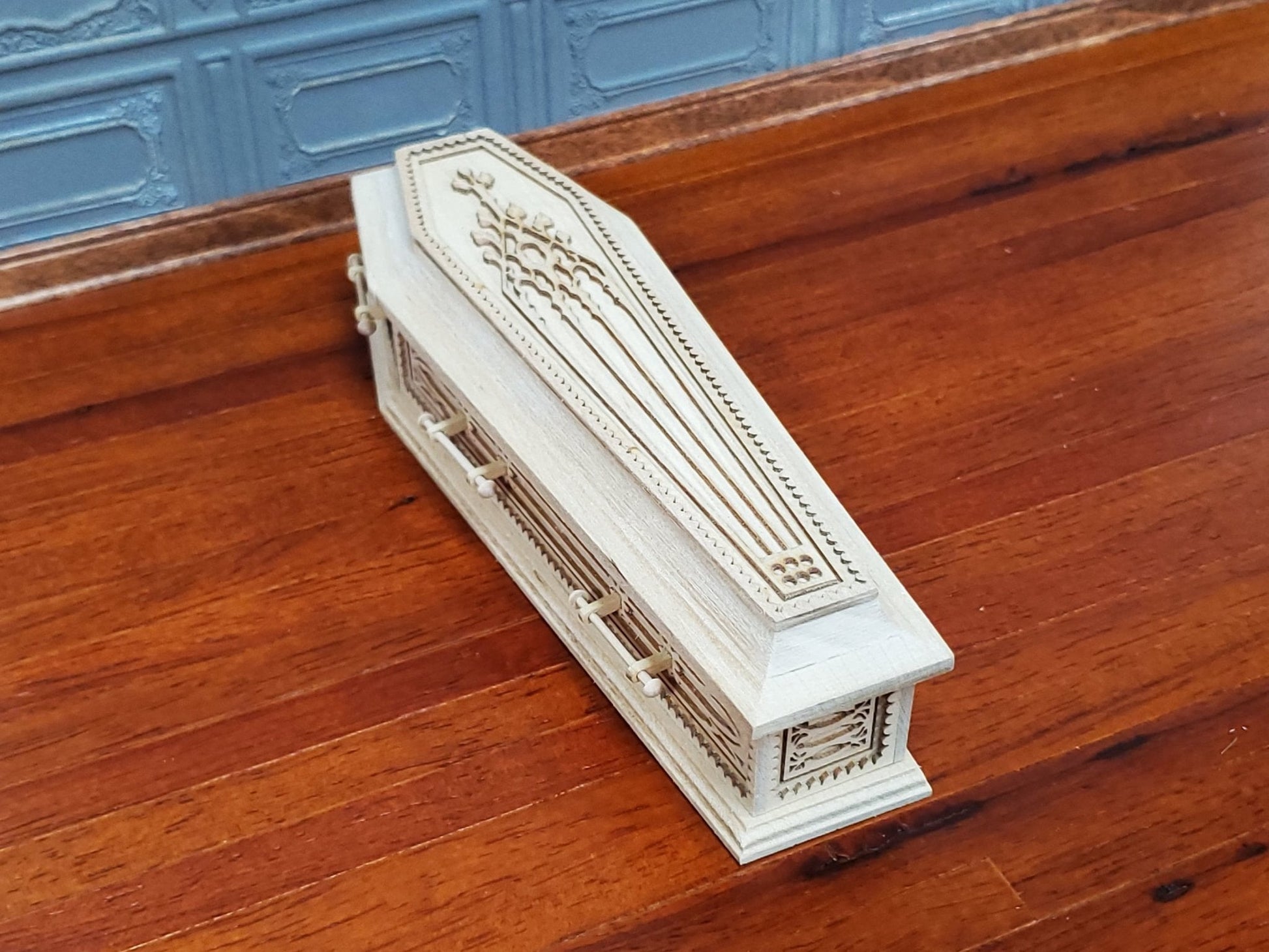 JBM Miniature Coffin Ornate Opens Lined Unpainted Wood Dollhouse 6" Long - Miniature Crush