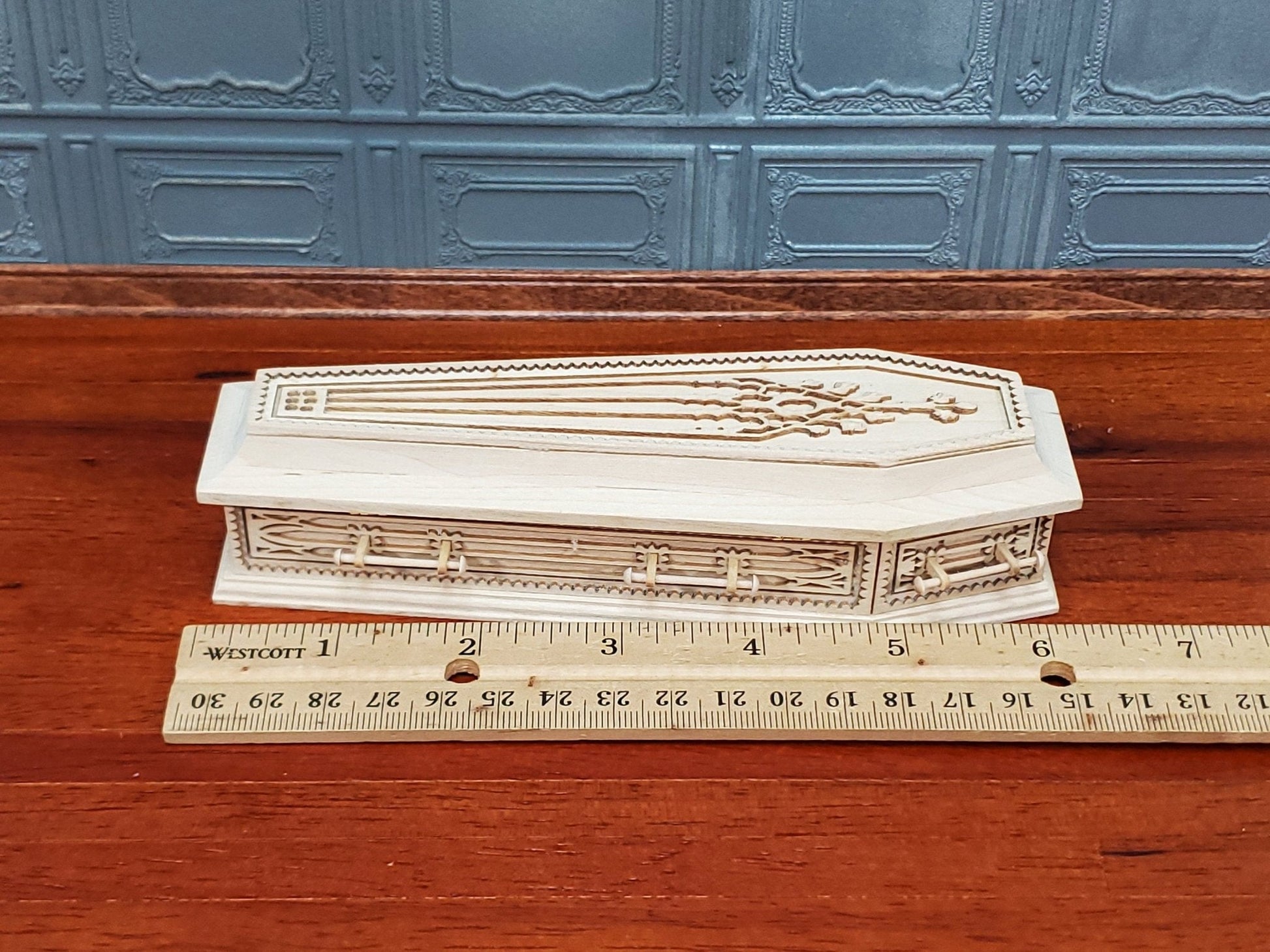 JBM Miniature Coffin Ornate Opens Lined Unpainted Wood Dollhouse 6" Long - Miniature Crush