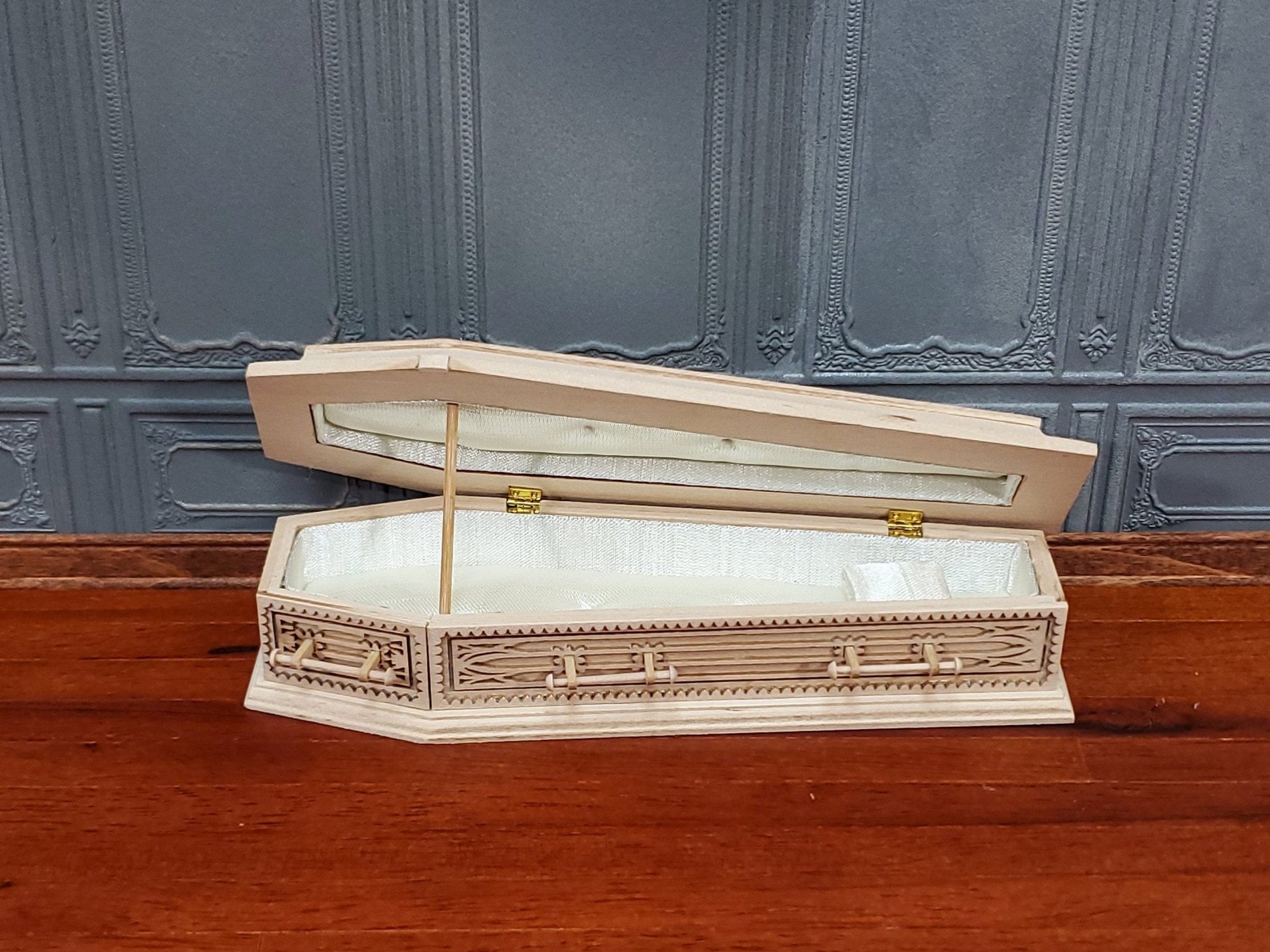 JBM Miniature Coffin Ornate Opens Lined Unpainted Wood Dollhouse 6" Long - Miniature Crush