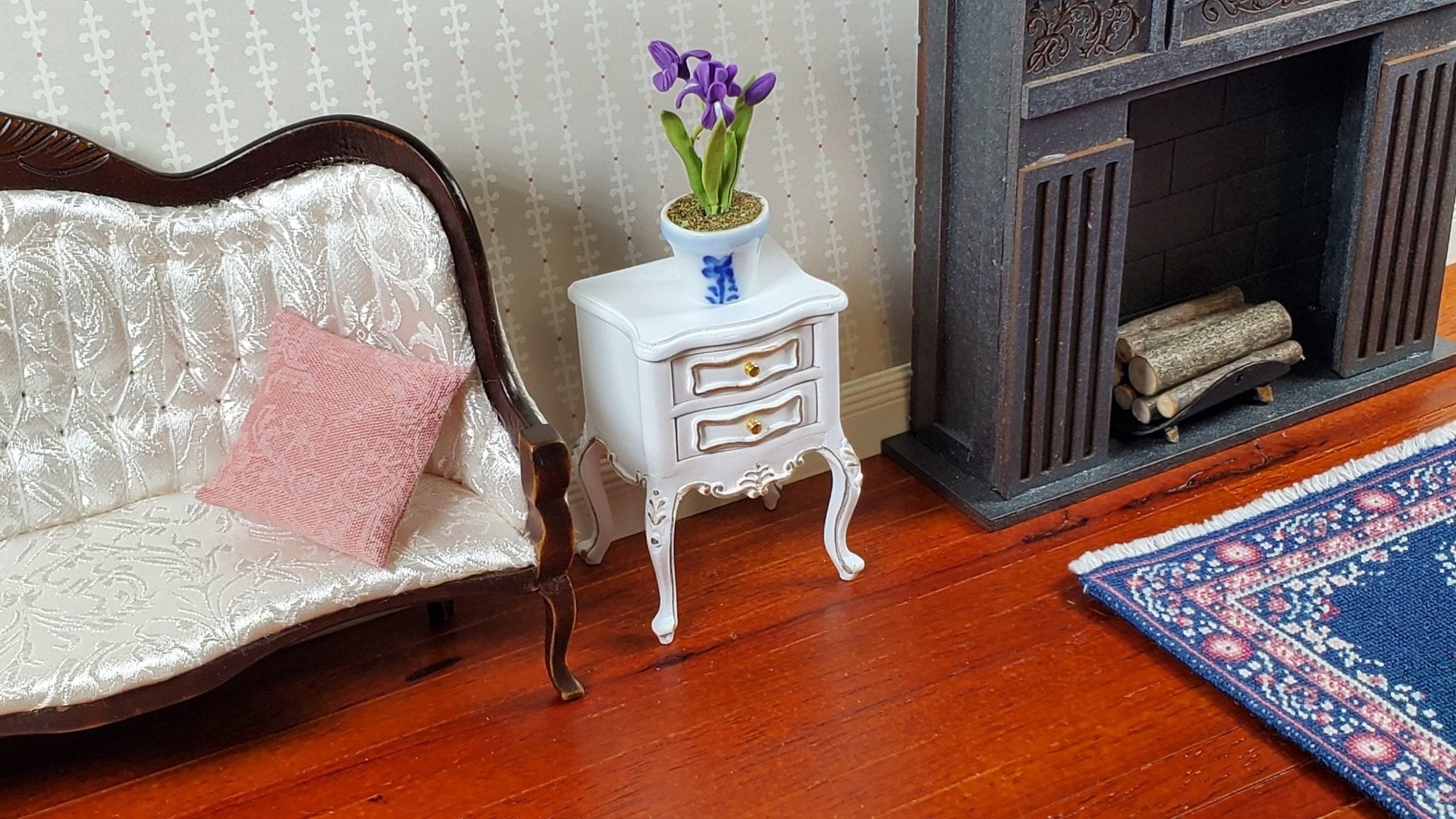 JBM Miniature Side Table or Nightstand White Gold 1:12 Scale Dollhouse Furniture - Miniature Crush