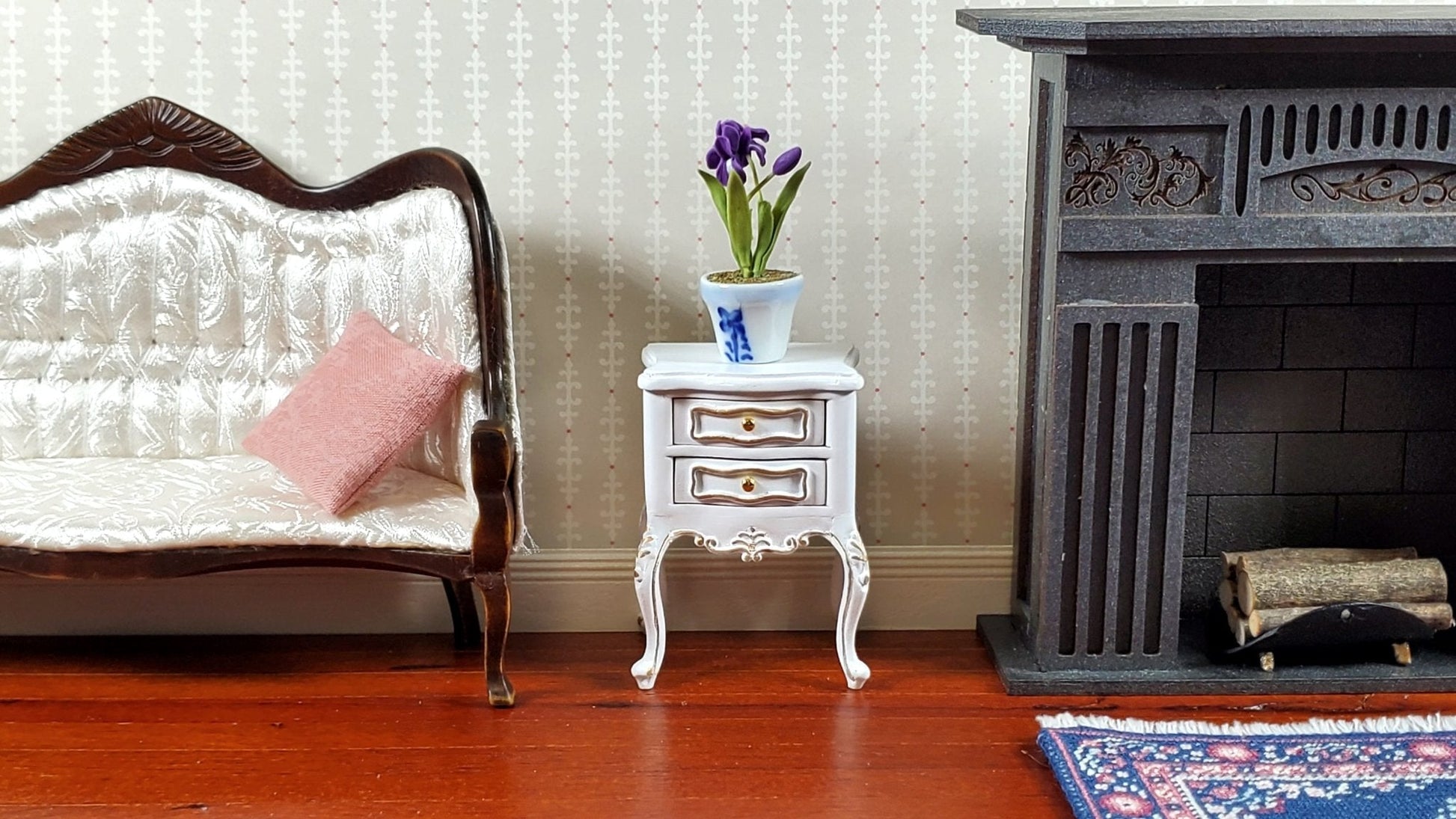 JBM Miniature Side Table or Nightstand White Gold 1:12 Scale Dollhouse Furniture - Miniature Crush