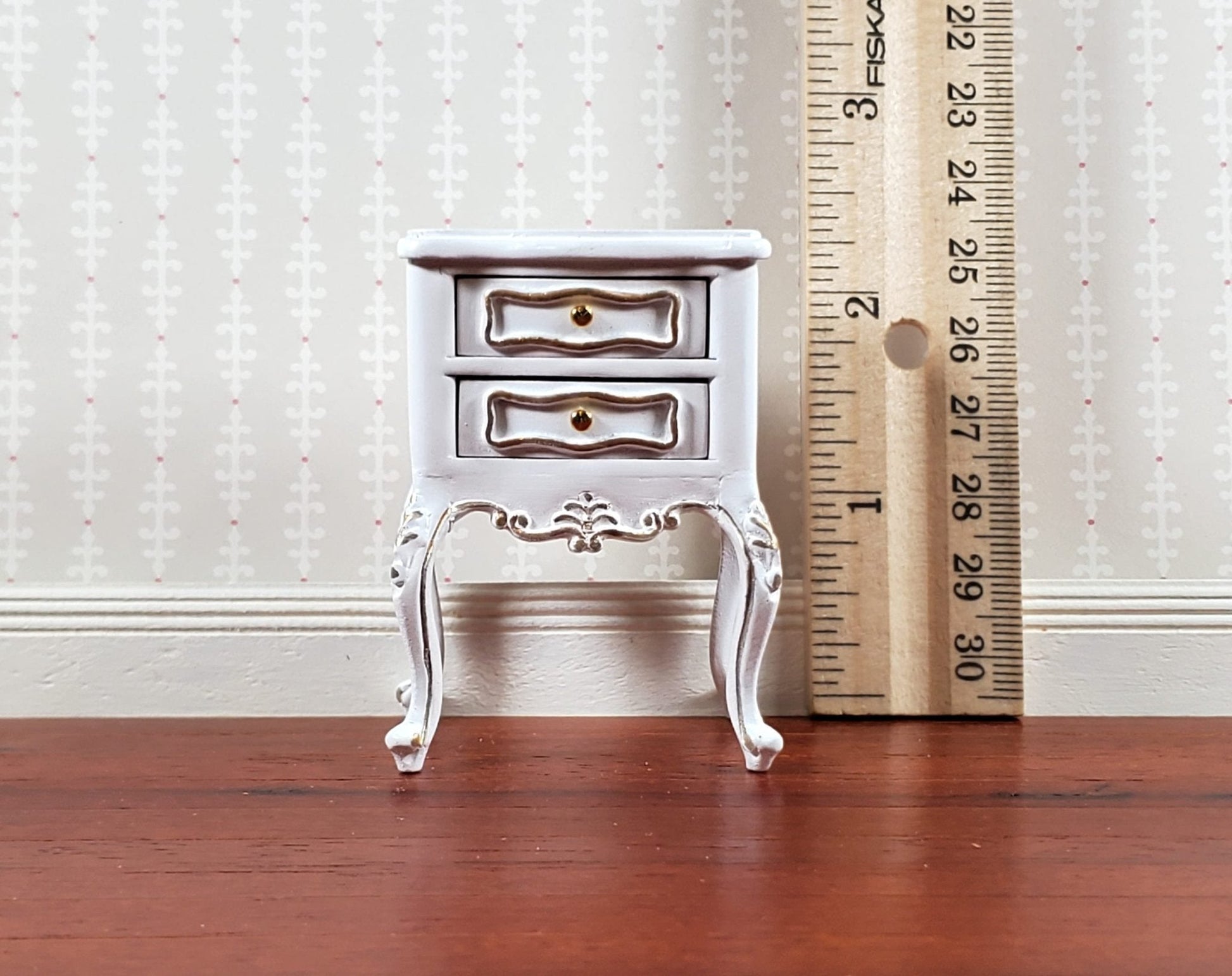 JBM Miniature Side Table or Nightstand White Gold 1:12 Scale Dollhouse Furniture - Miniature Crush
