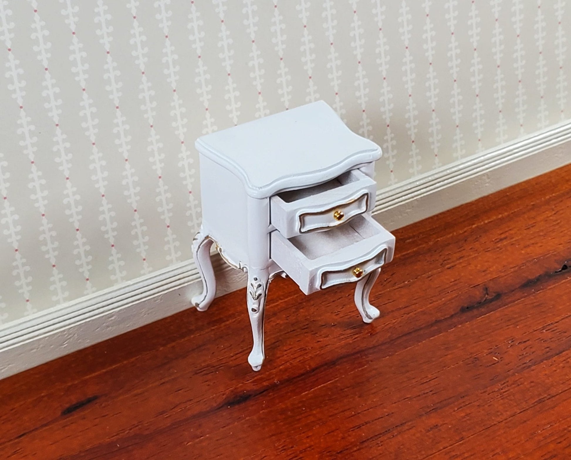 JBM Miniature Side Table or Nightstand White Gold 1:12 Scale Dollhouse Furniture - Miniature Crush
