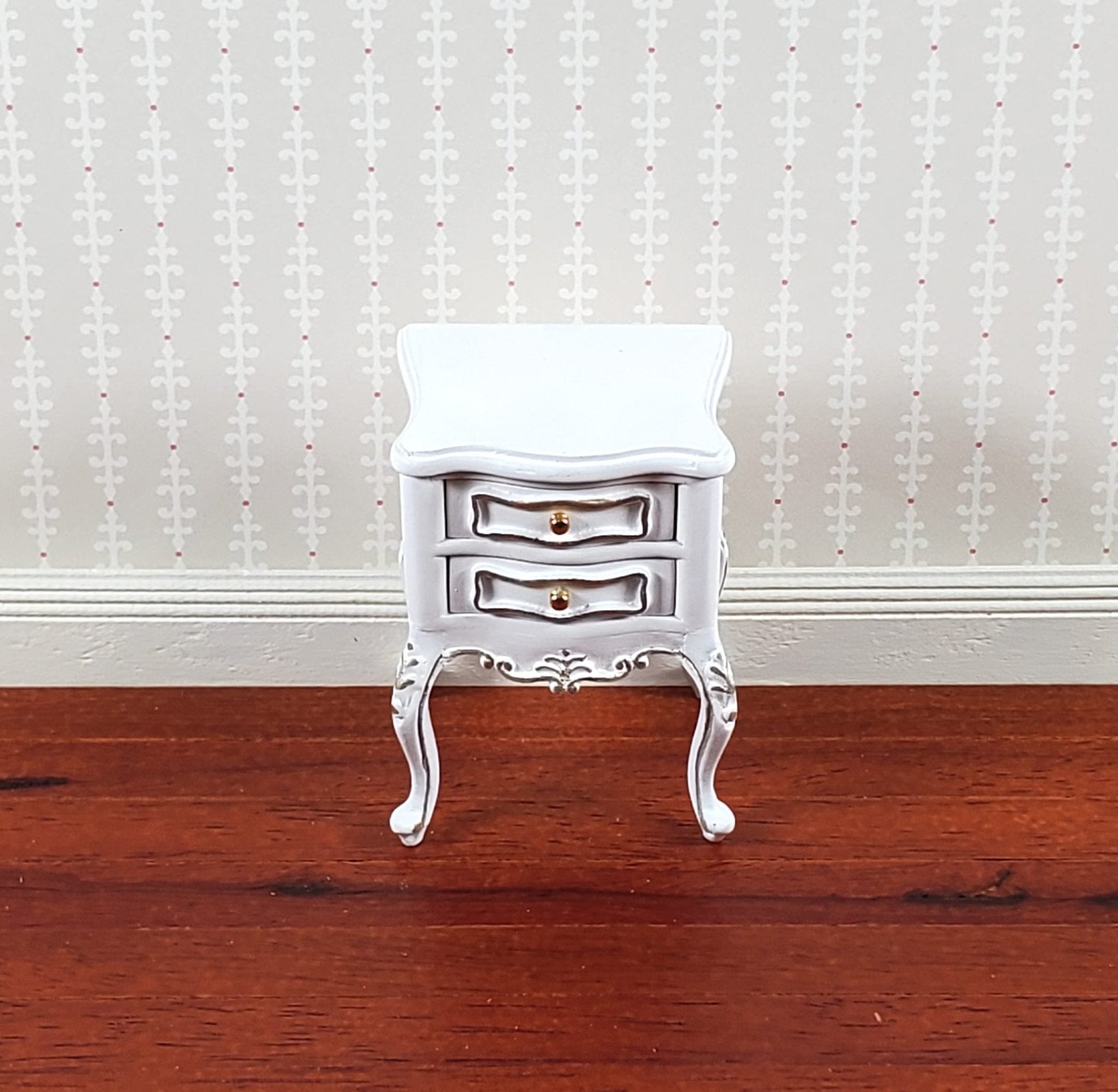 JBM Miniature Side Table or Nightstand White Gold 1:12 Scale Dollhouse Furniture - Miniature Crush