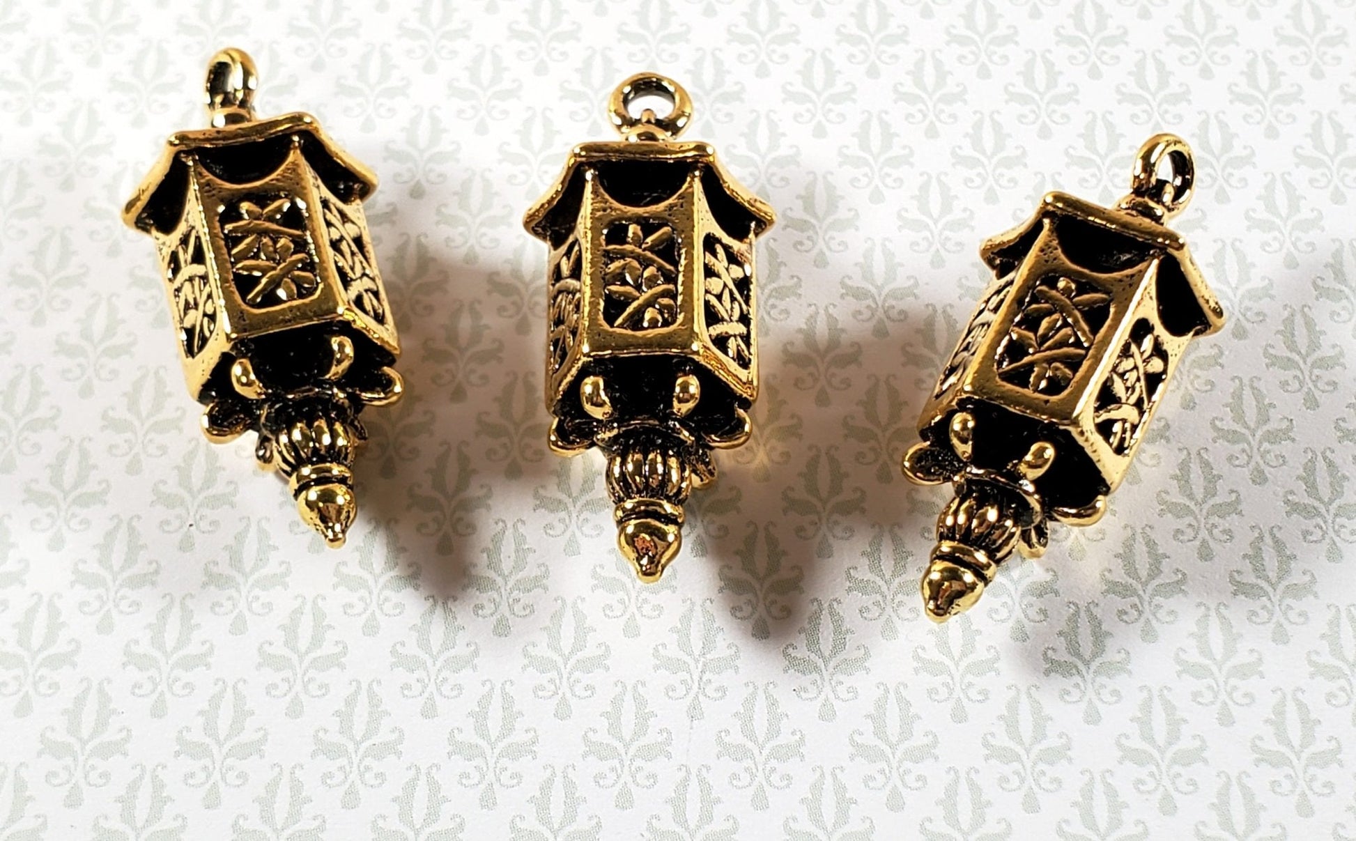 Lantern Charms Small Gold Decoration 3 pieces 1 3/8" Jewelry Making Miniatures - Miniature Crush