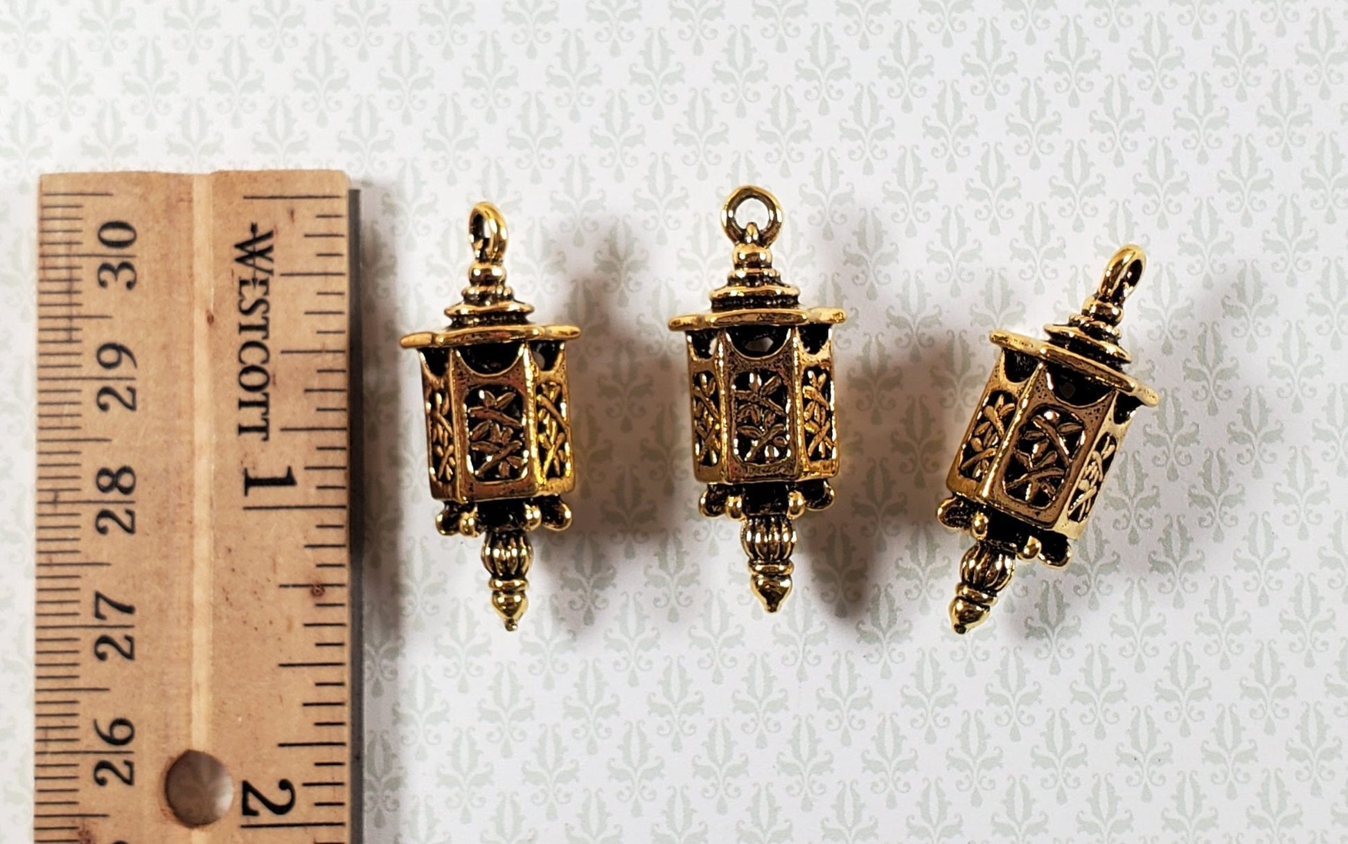 Lantern Charms Small Gold Decoration 3 pieces 1 3/8" Jewelry Making Miniatures - Miniature Crush