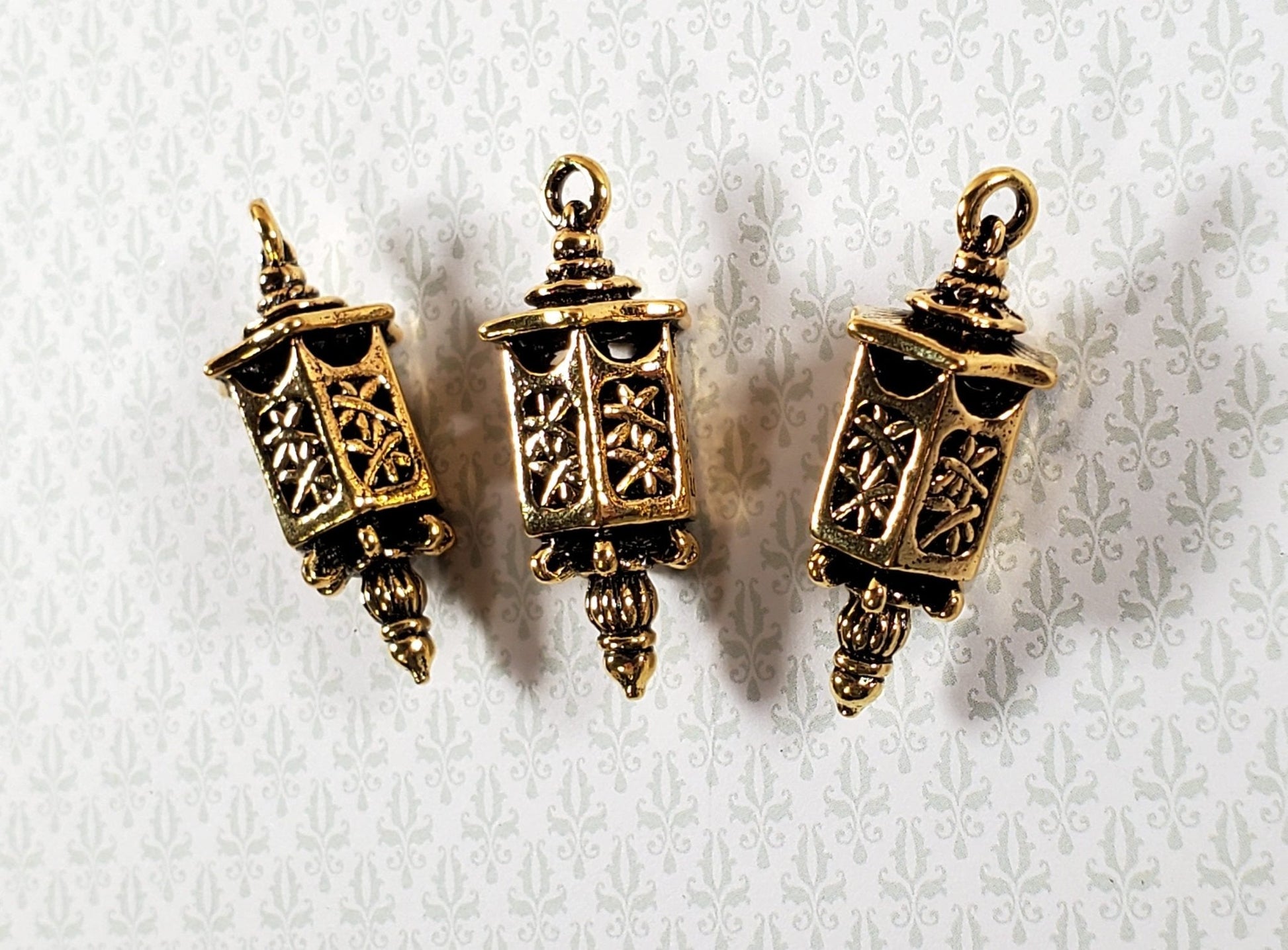 Lantern Charms Small Gold Decoration 3 pieces 1 3/8" Jewelry Making Miniatures - Miniature Crush