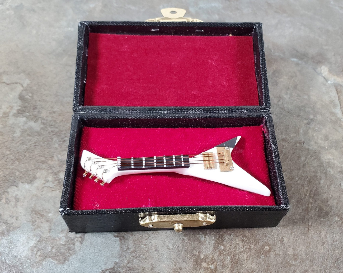 Miniature Electric Guitar V Shaped Prop Model White and Black w/Case 2 7/8" Long - Miniature Crush