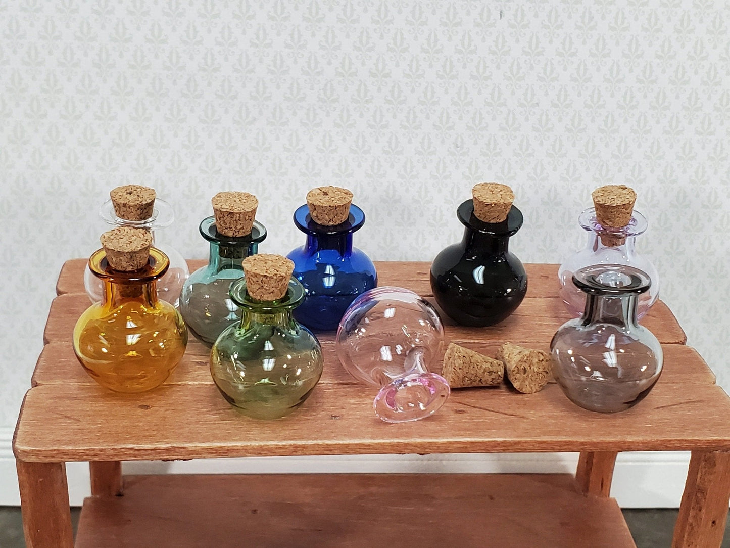 Miniature Glass Jars Bottles Cork Stoppers x9 Apothecary Round Bottom 1" Tall Multiple Colors - Miniature Crush