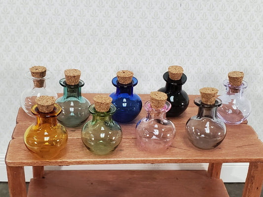 Miniature Glass Jars Bottles Cork Stoppers x9 Apothecary Round Bottom 1" Tall Multiple Colors - Miniature Crush