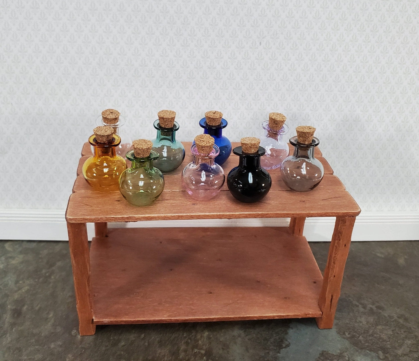 Miniature Glass Jars Bottles Cork Stoppers x9 Apothecary Round Bottom 1" Tall Multiple Colors - Miniature Crush