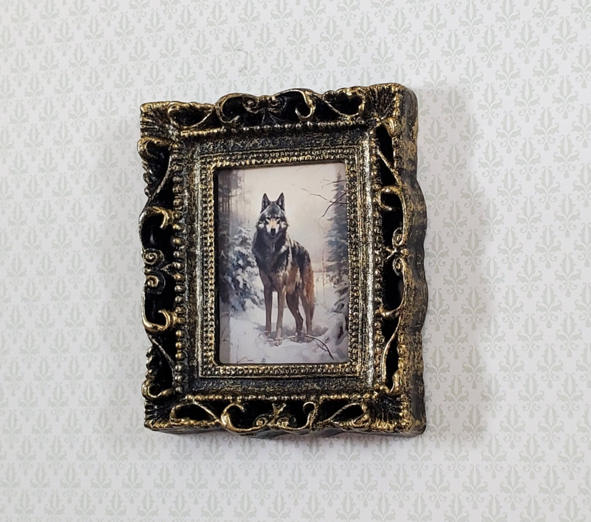 Miniature Gray Wolf in the Forest Art Print Framed 1:12 Scale Dollhouse Decor - Miniature Crush