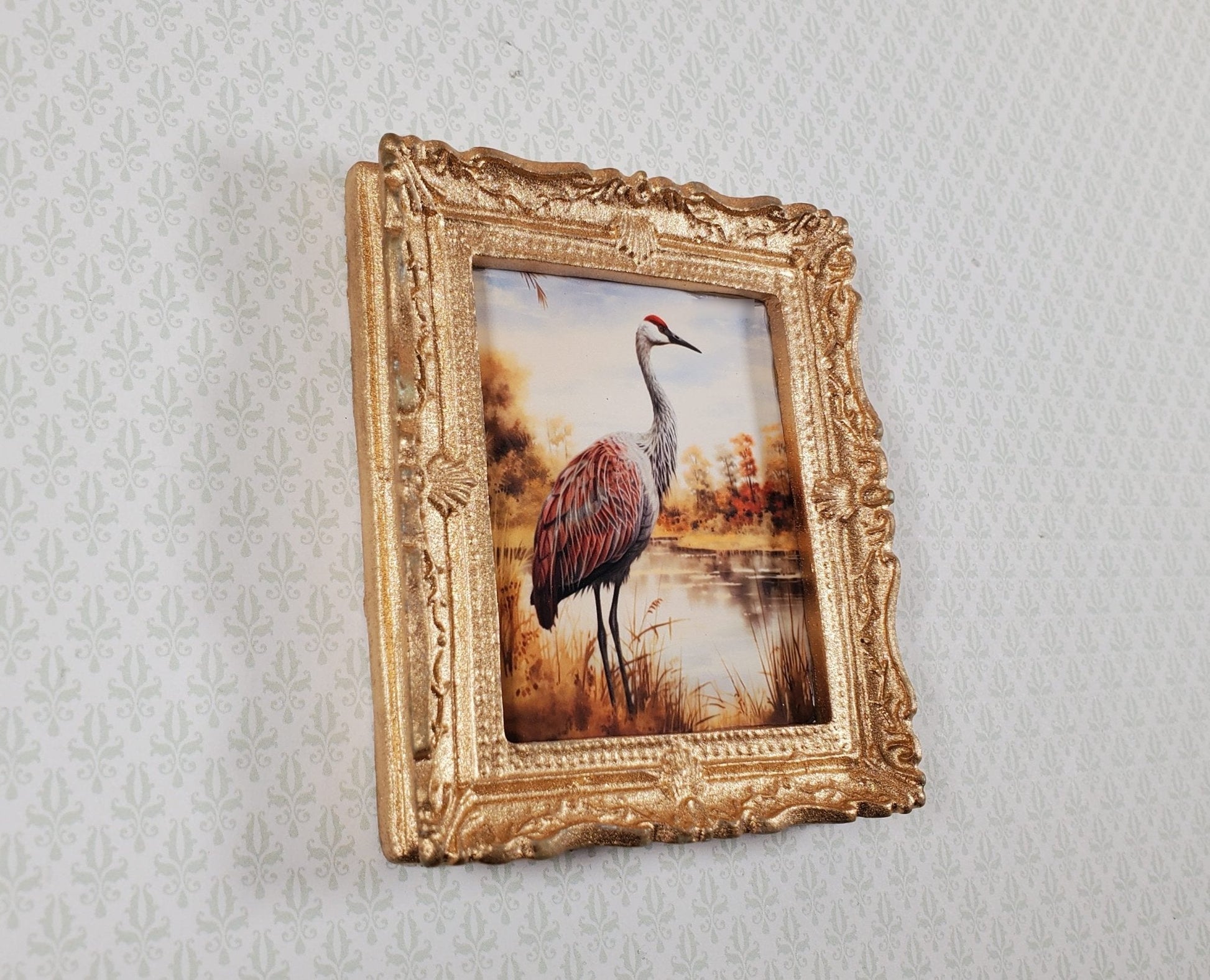 Miniature Sandhill Crane Framed Print Gold 1:12 Scale Handmade for Dollhouse - Miniature Crush