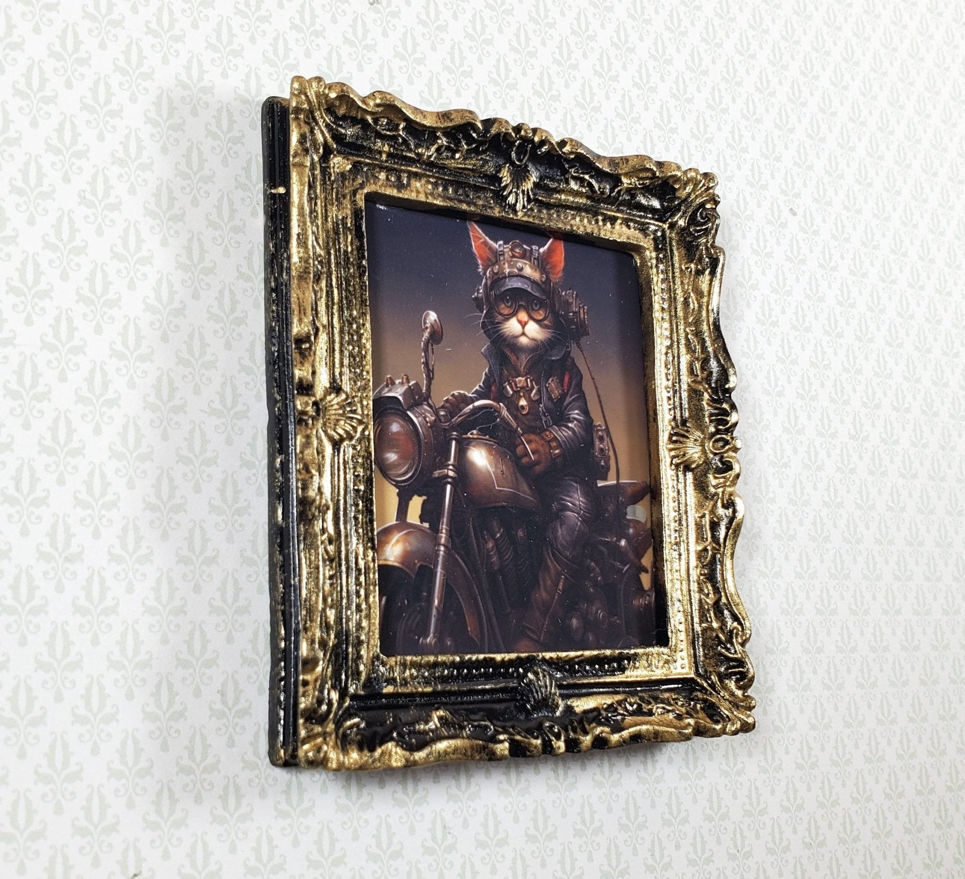Miniature Steampunk Cat on a Motorcycle Framed Print 1:12 Scale Dollhouse - Miniature Crush