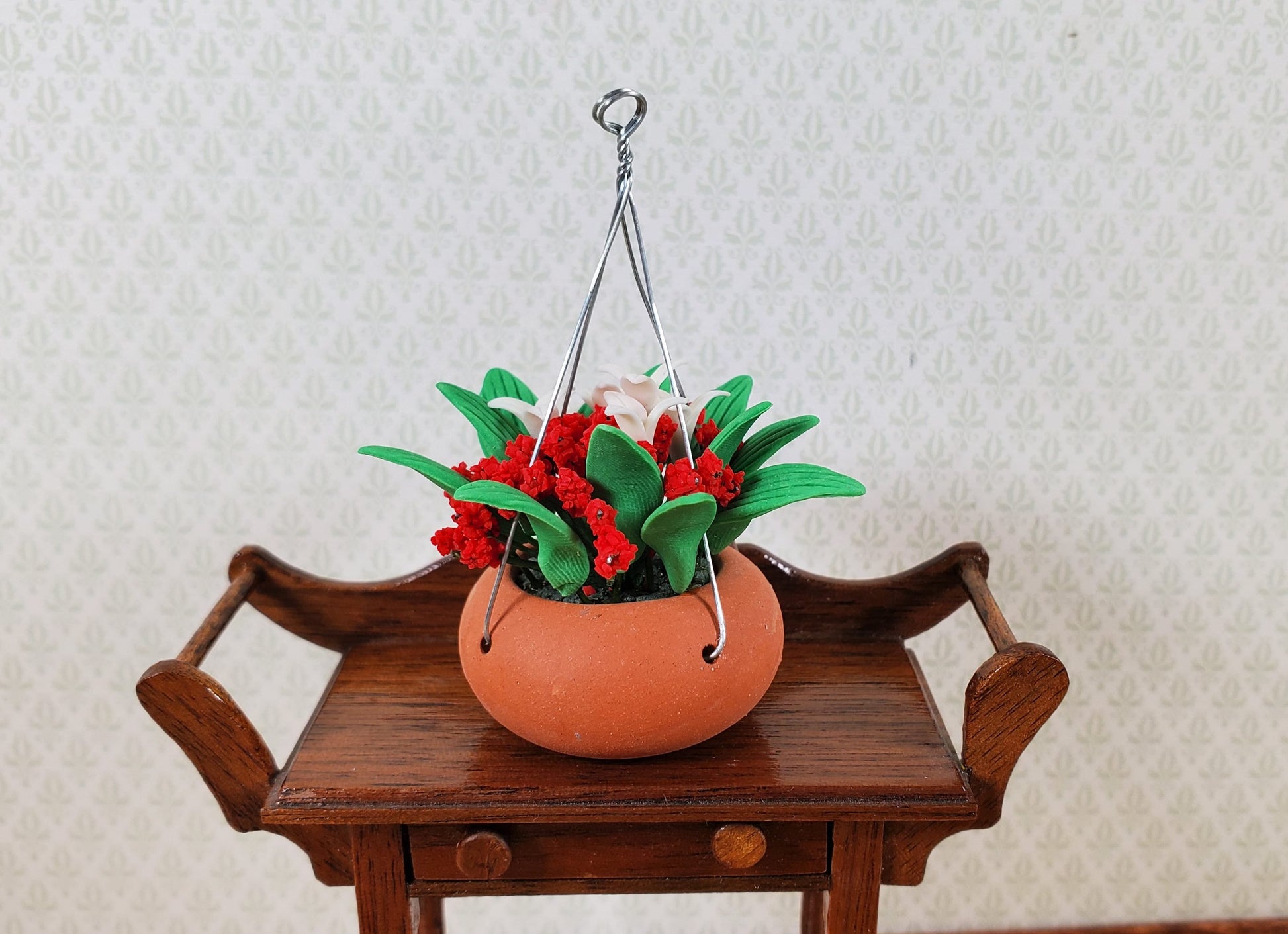 Dollhouse Red & White Flowers in a Hanging Terra Cotta Pot 1:12 Scale Miniature