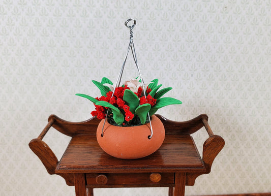 Dollhouse Red & White Flowers in a Hanging Terra Cotta Pot 1:12 Scale Miniature