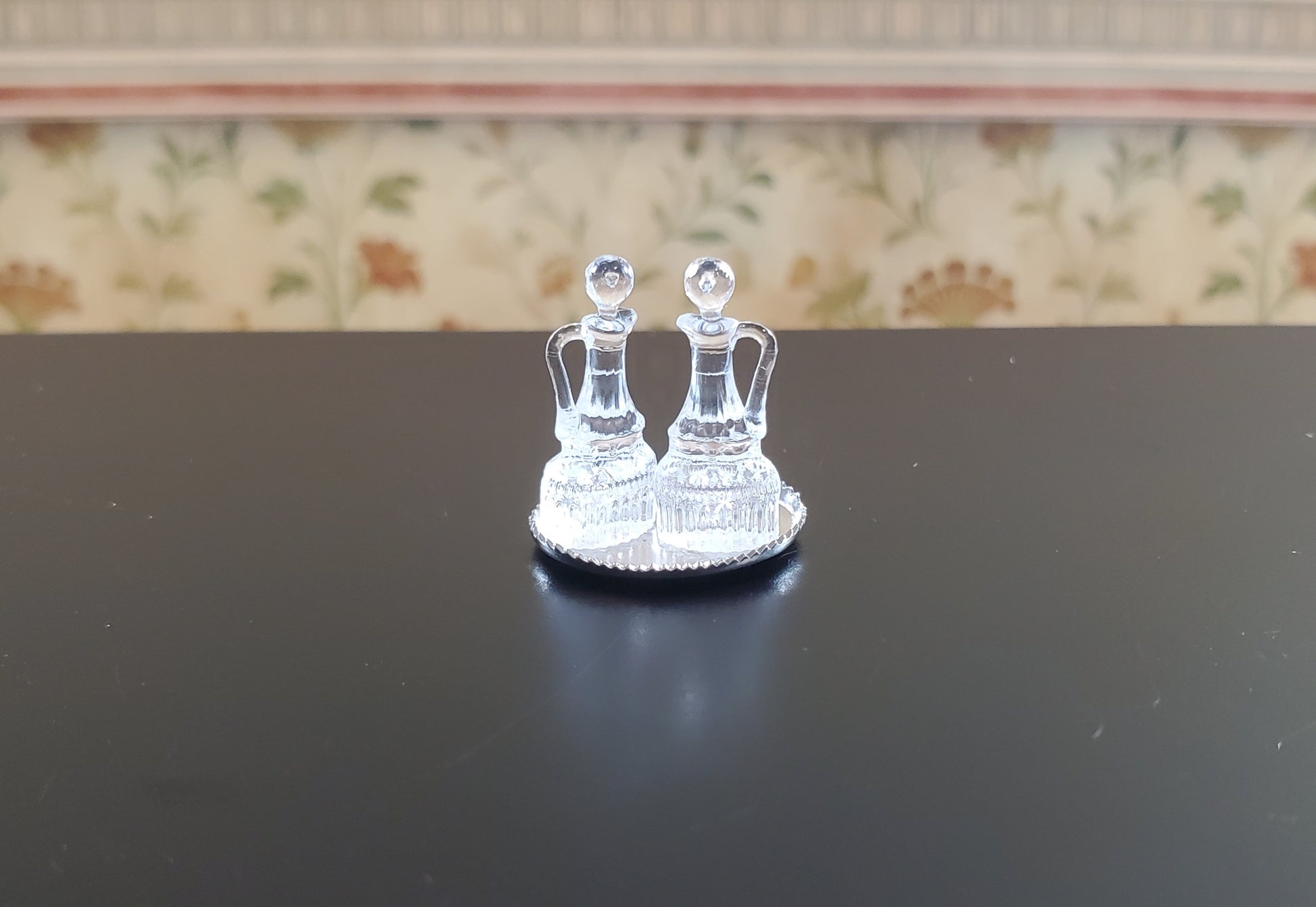 Dollhouse Oil & Vinegar Cruet Set on Silver Tray Chrysnbon 1:12 Scale Miniature