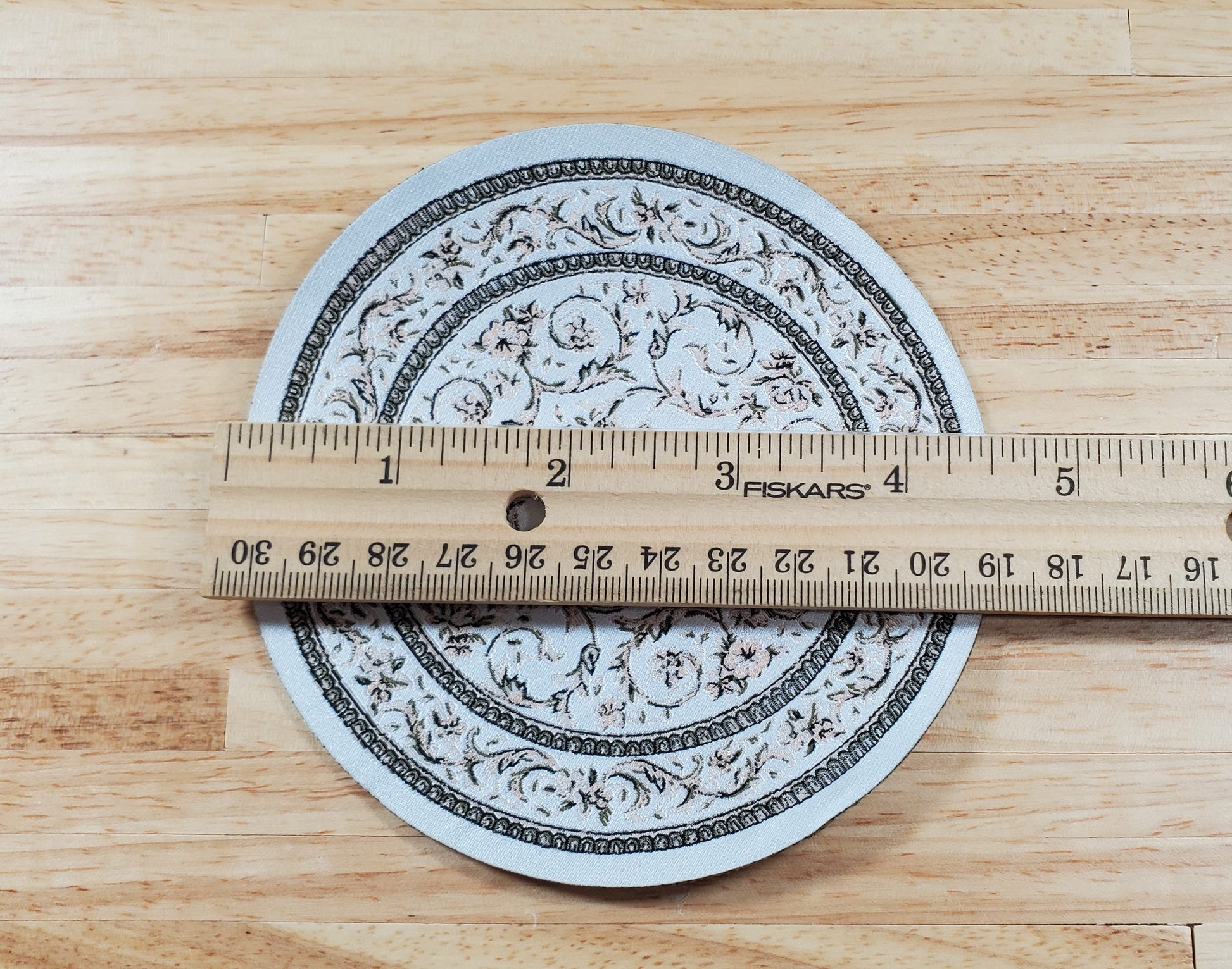 Dollhouse Round Rug Fabric White Black Floral 1:12 Scale Miniature 4.5" Across