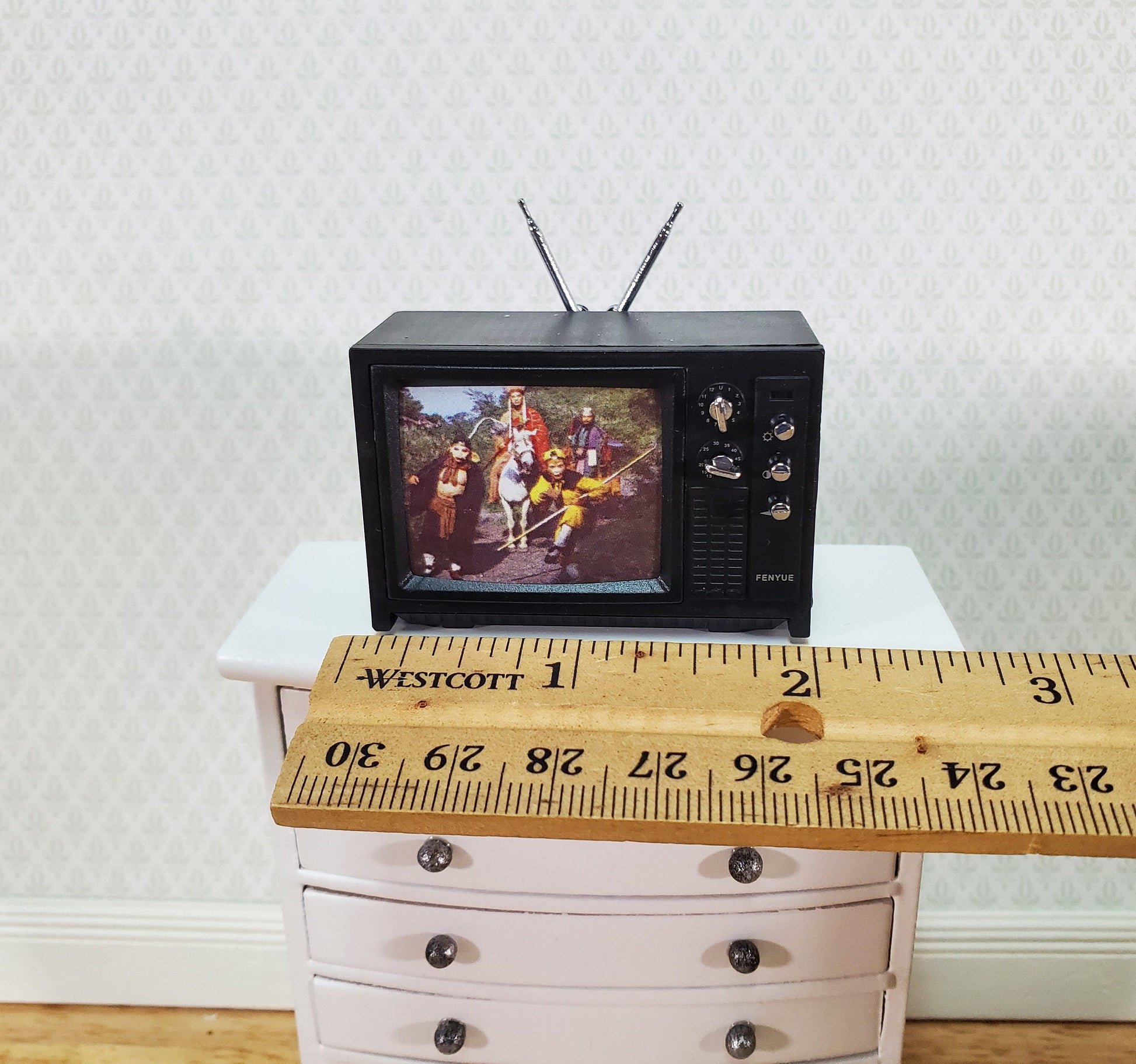 Dollhouse Television TV Set Retro 1970s Style Black Miniature Accessory