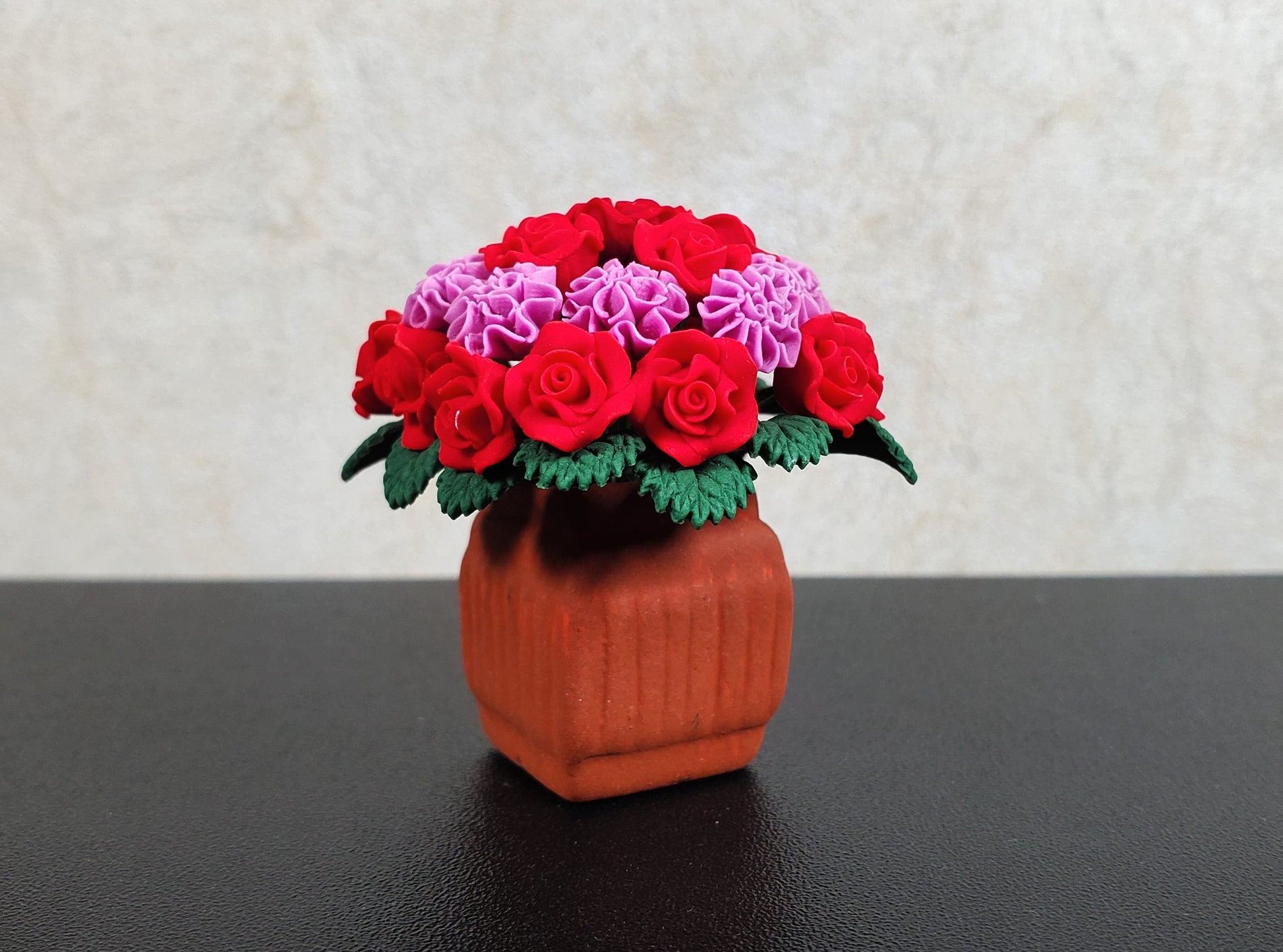 Dollhouse Red Roses Pink Carnations in Terra Cotta Planter 1:12 Scale Miniature