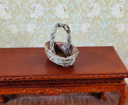 Dollhouse Dark Colored Oval Woven Basket with Handle 1:12 Scale Miniature