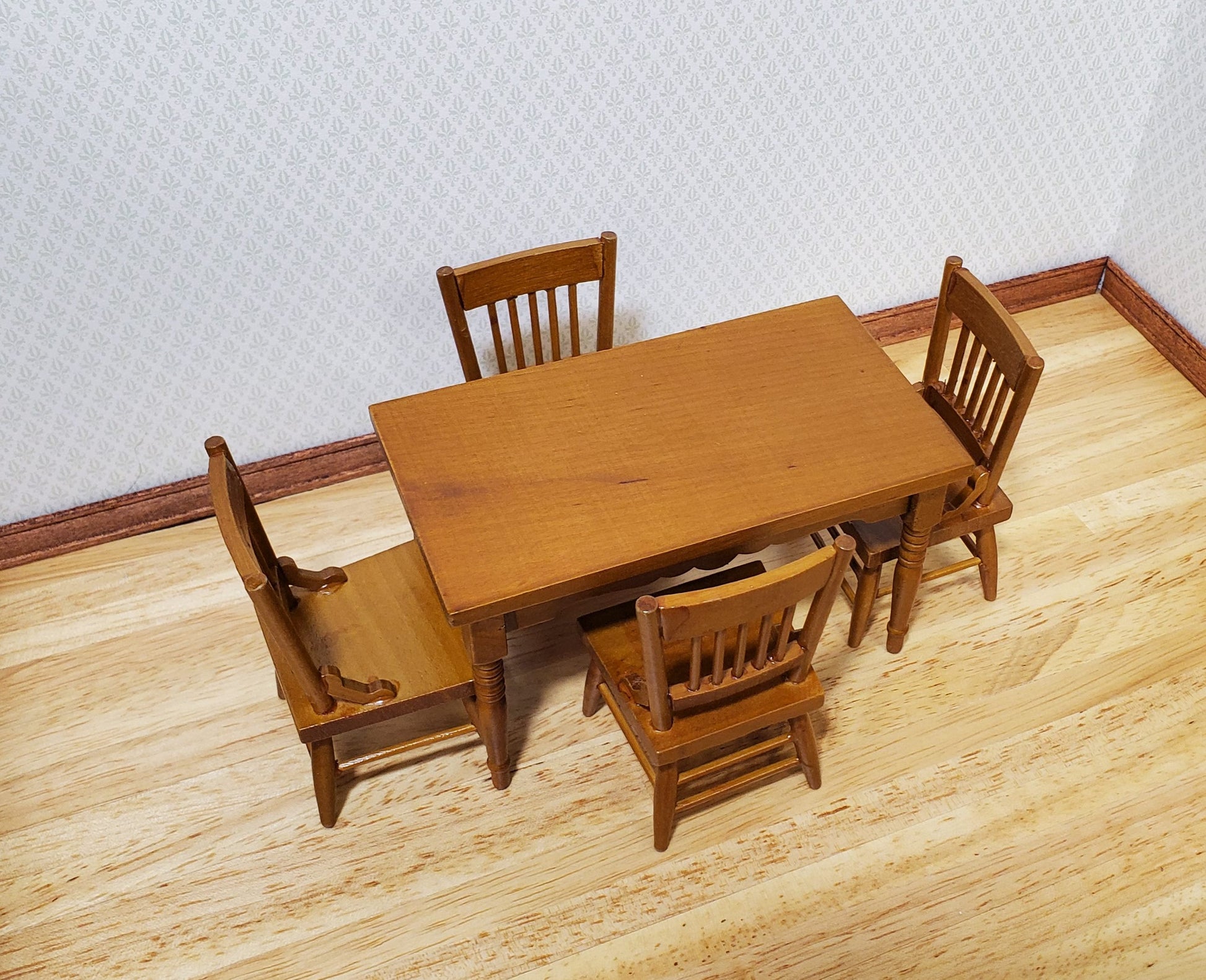 Dollhouse Kitchen Table & 4 Chairs Set Walnut Finish 1:12 Scale Furniture